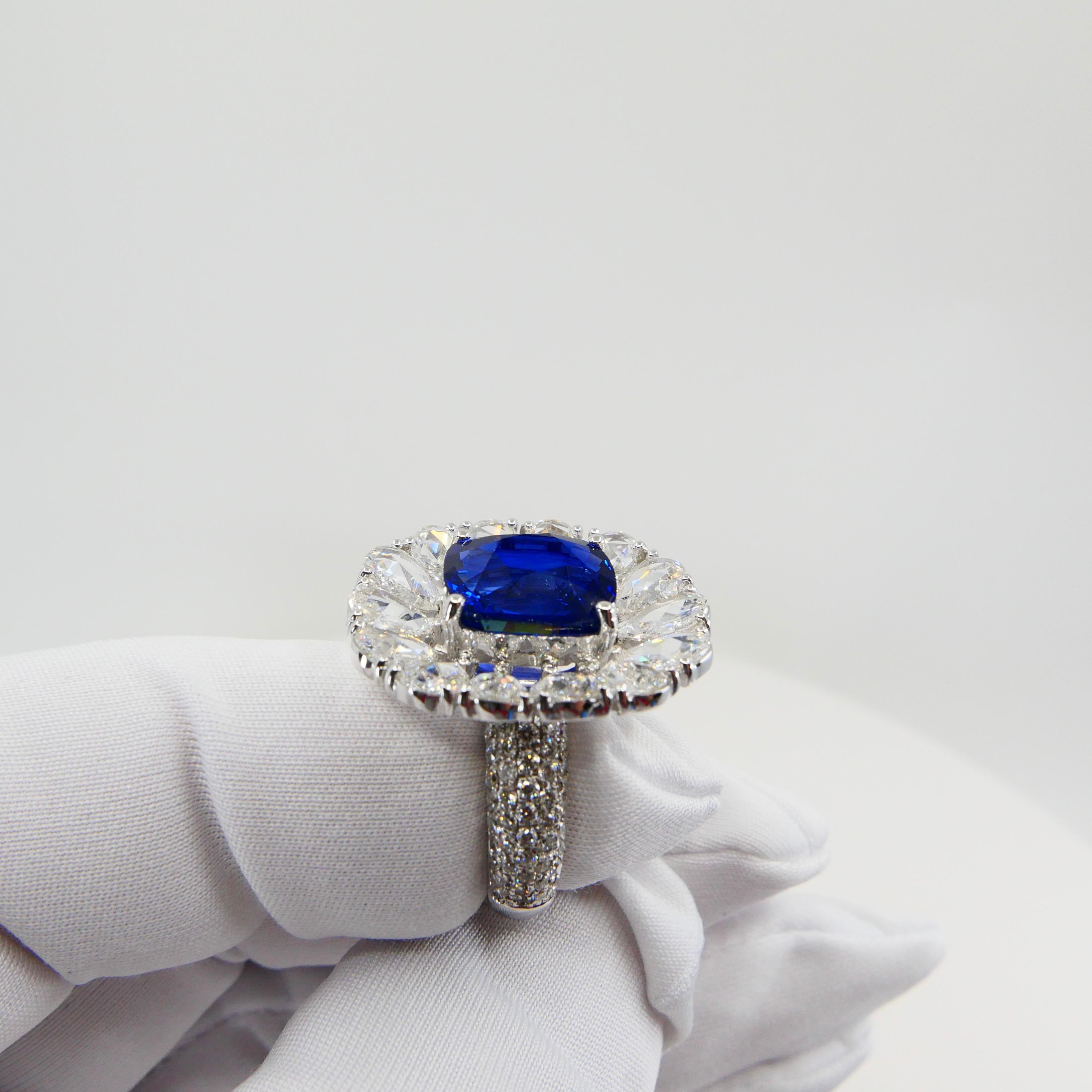Certified 6 Carat Ceylon Royal Blue Sapphire and Rose Cut Diamond Cocktail Ring 6