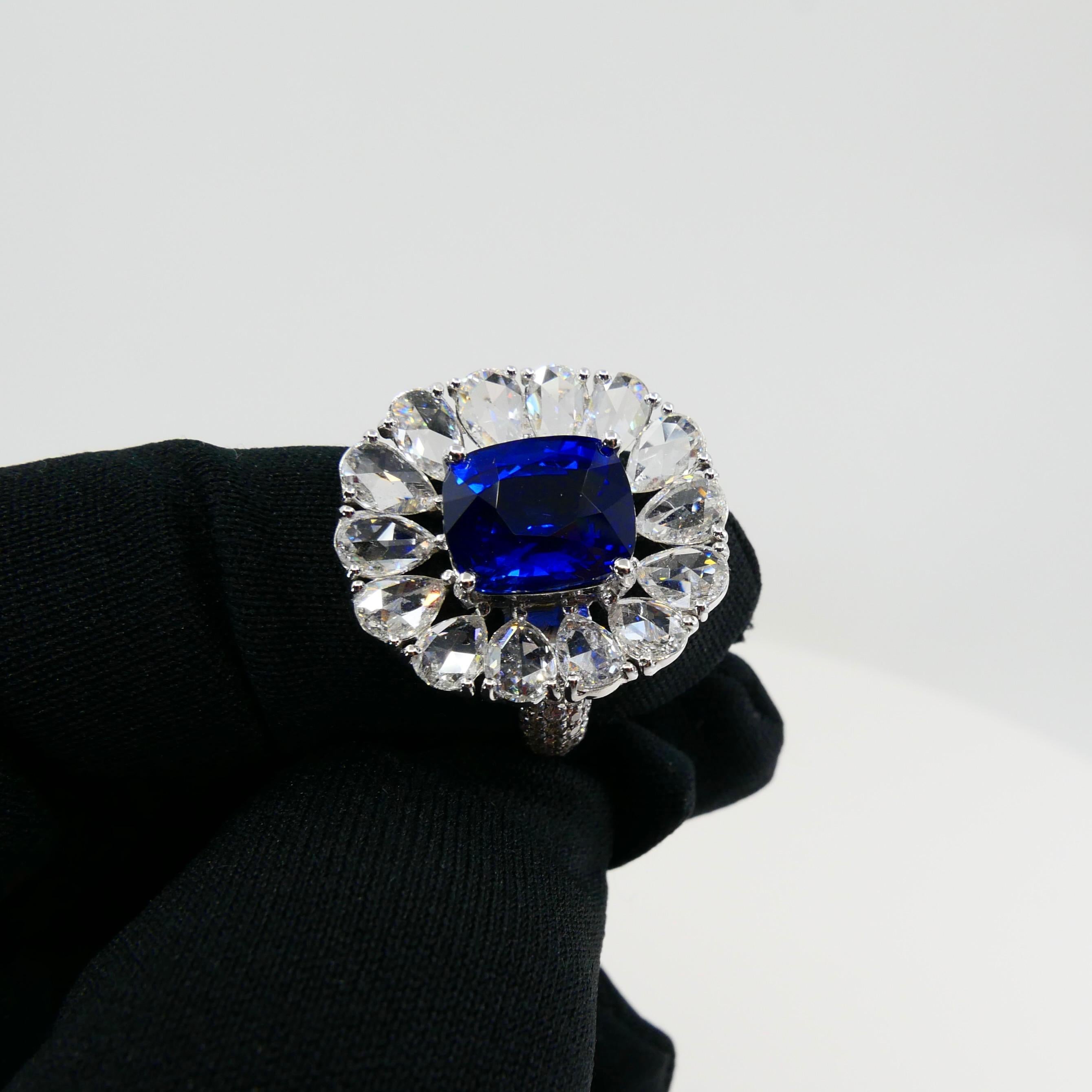 Certified 6 Carat Ceylon Royal Blue Sapphire and Rose Cut Diamond Cocktail Ring 7