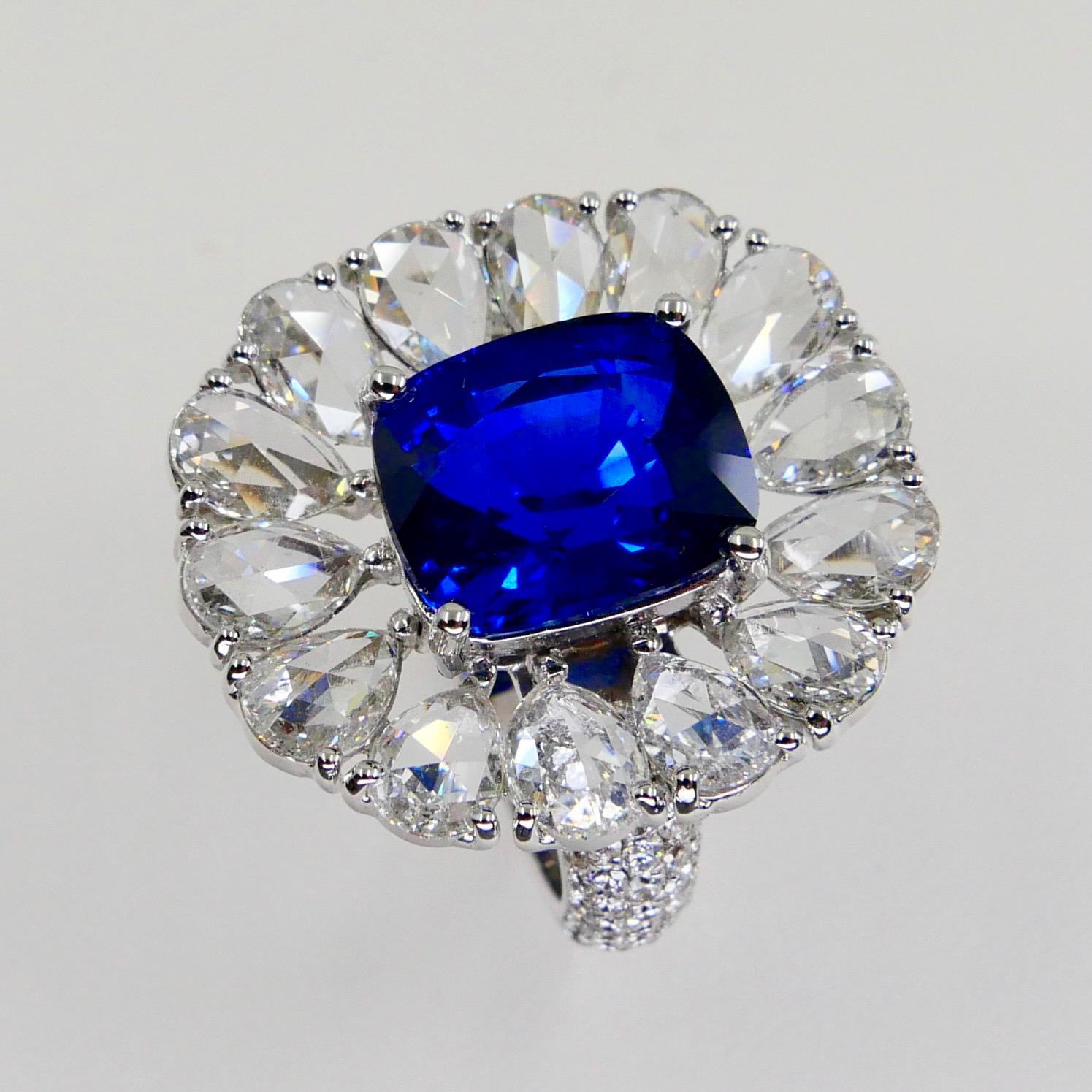 Certified 6 Carat Ceylon Royal Blue Sapphire and Rose Cut Diamond Cocktail Ring 8
