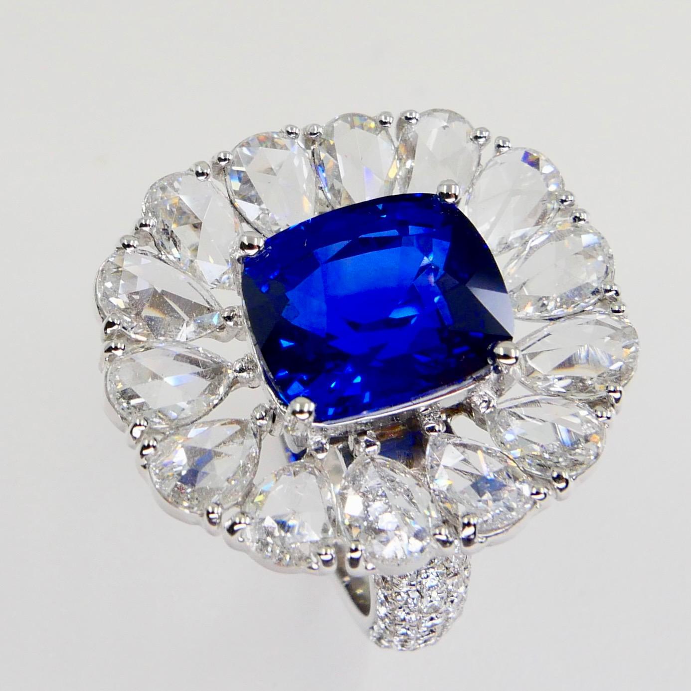 Certified 6 Carat Ceylon Royal Blue Sapphire and Rose Cut Diamond Cocktail Ring 10