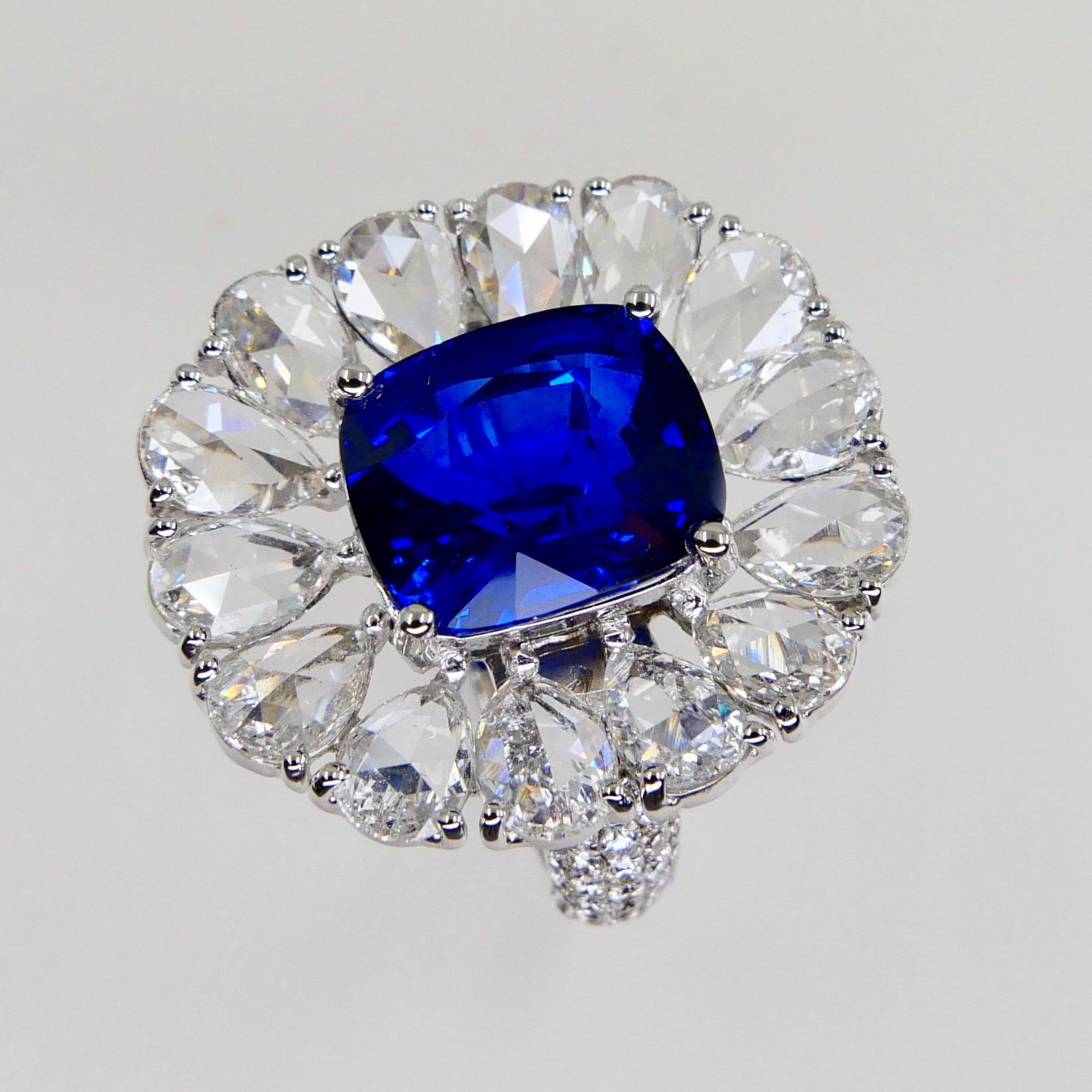 Women's Certified 6 Carat Ceylon Royal Blue Sapphire and Rose Cut Diamond Cocktail Ring