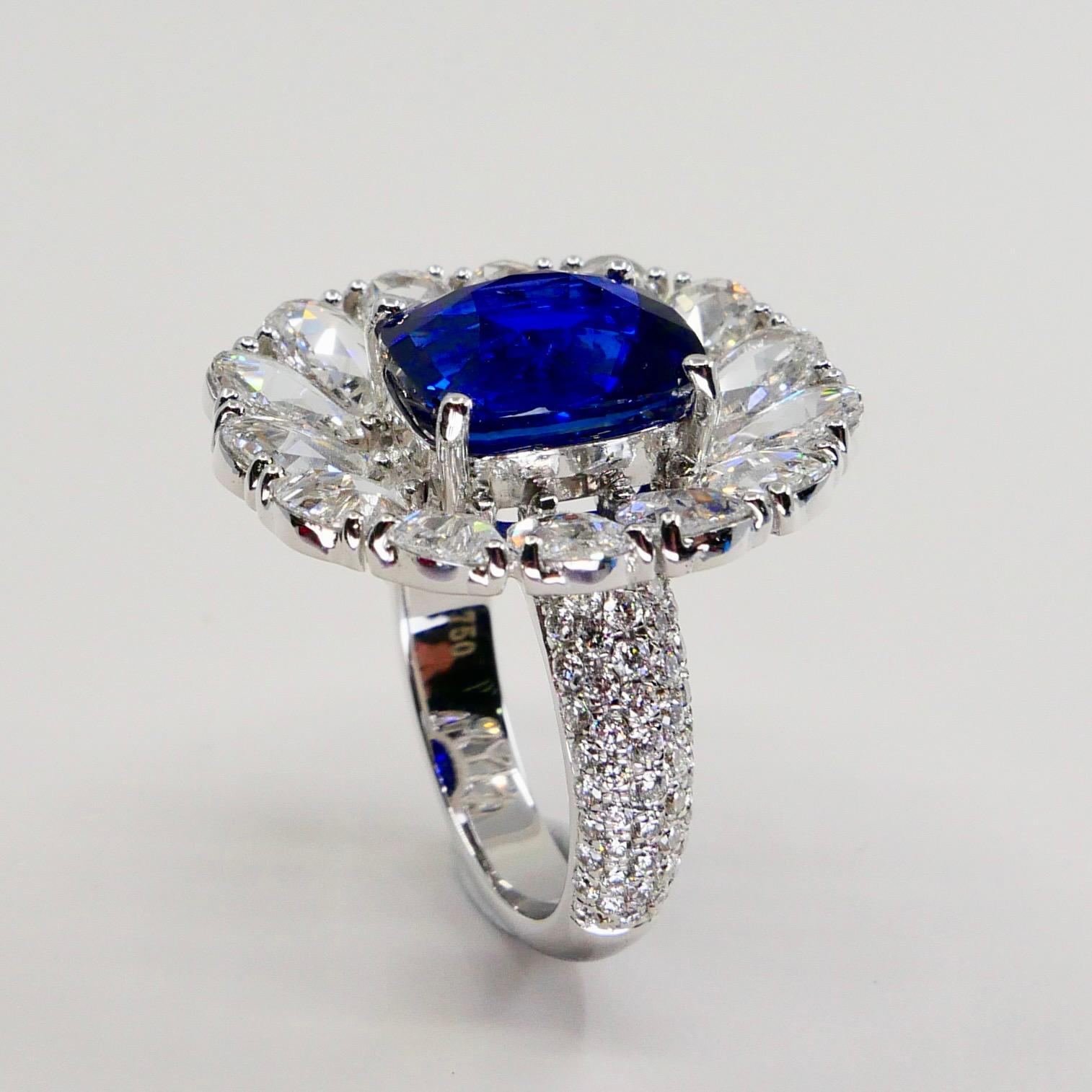 Certified 6 Carat Ceylon Royal Blue Sapphire and Rose Cut Diamond Cocktail Ring 1