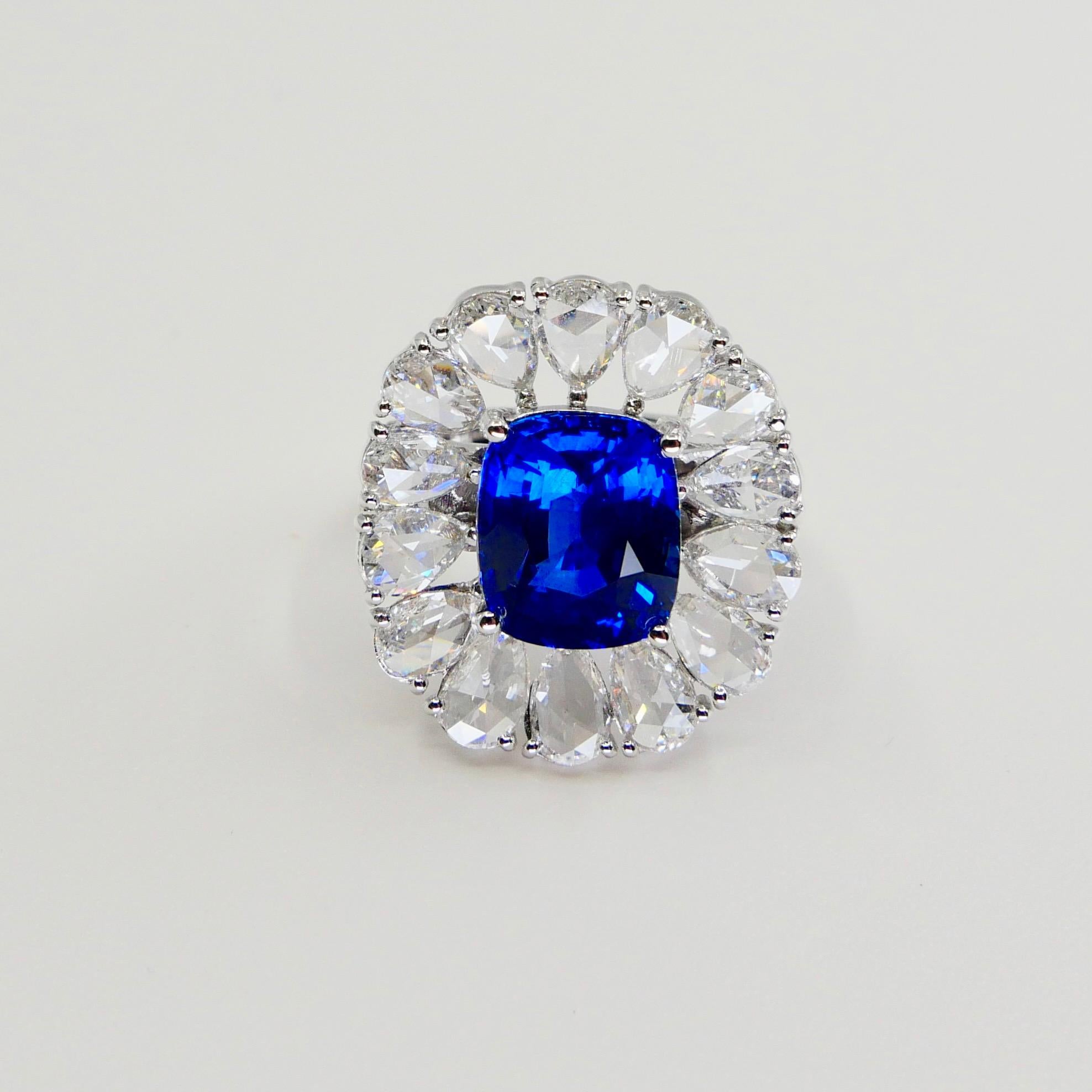 Certified 6 Carat Ceylon Royal Blue Sapphire and Rose Cut Diamond Cocktail Ring 3