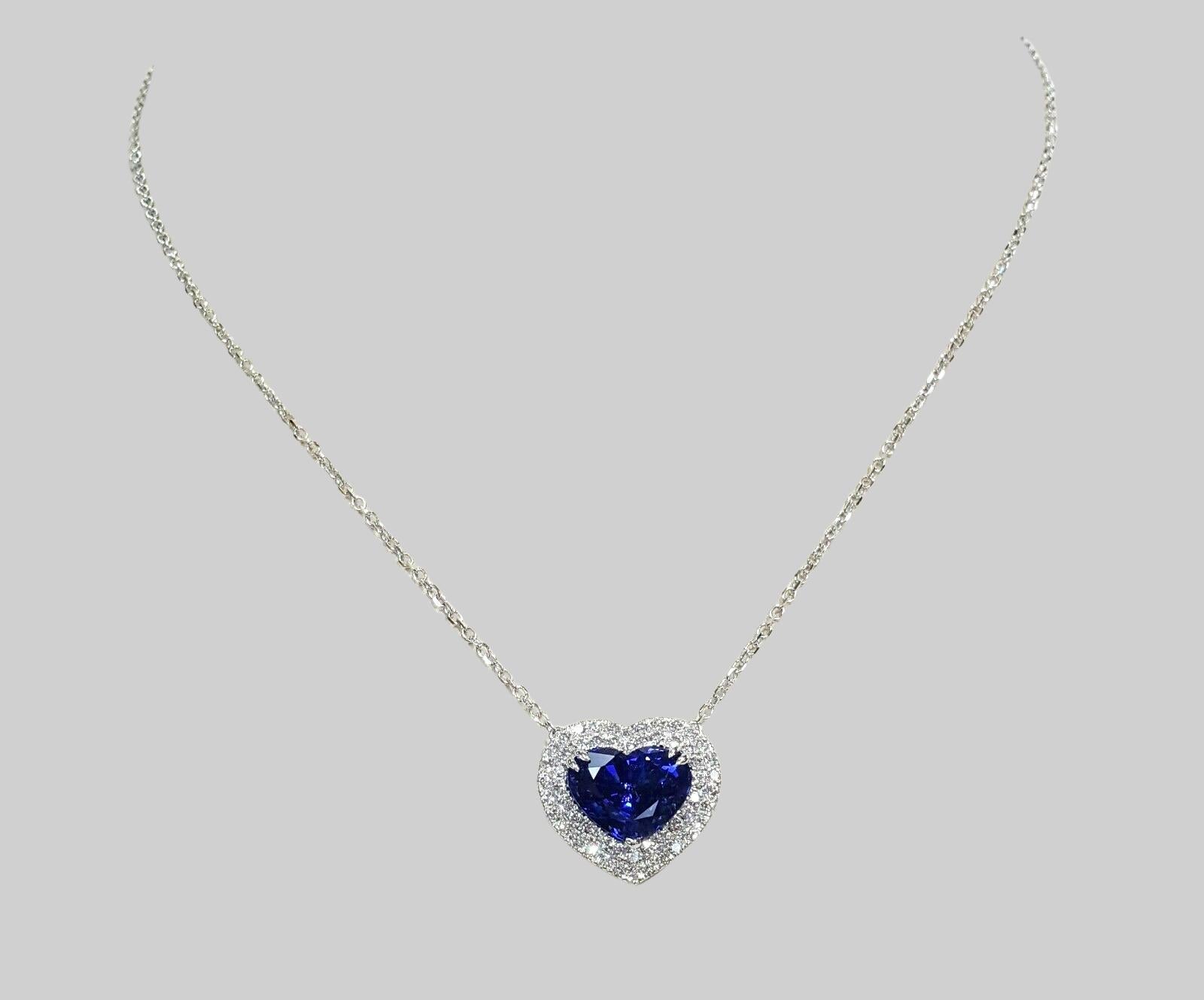 Heart Cut Certified 6 Carat Royal Blue Sapphire Heart Shape Diamond Pendant Necklace For Sale