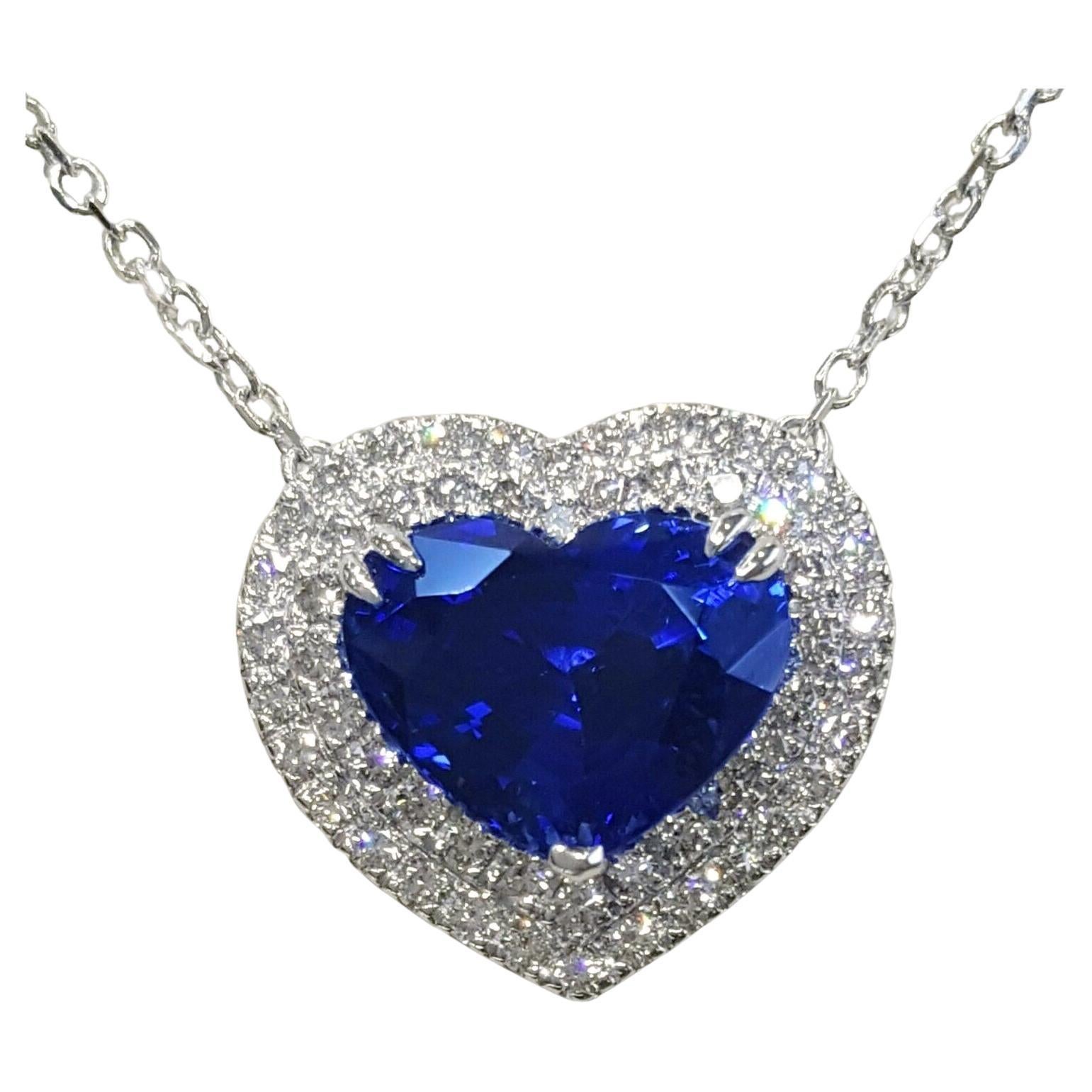 Certified 6 Carat Royal Blue Sapphire Heart Shape Diamond Pendant Necklace For Sale