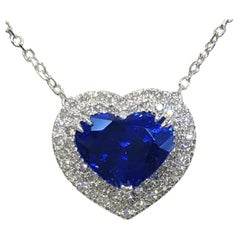 Certified 6 Carat Royal Blue Sapphire Heart Shape Diamond Pendant Necklace