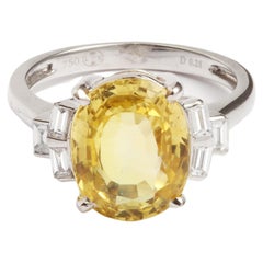 Certified 6 Carats Unheated Yellow Sapphire Diamonds 18 Carats White Gold Ring