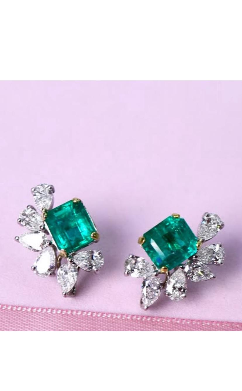 Women's Certified 6.00 Carat Zambian Emeralds 3.70 Carat Diamonds 18K Gold Earrings For Sale