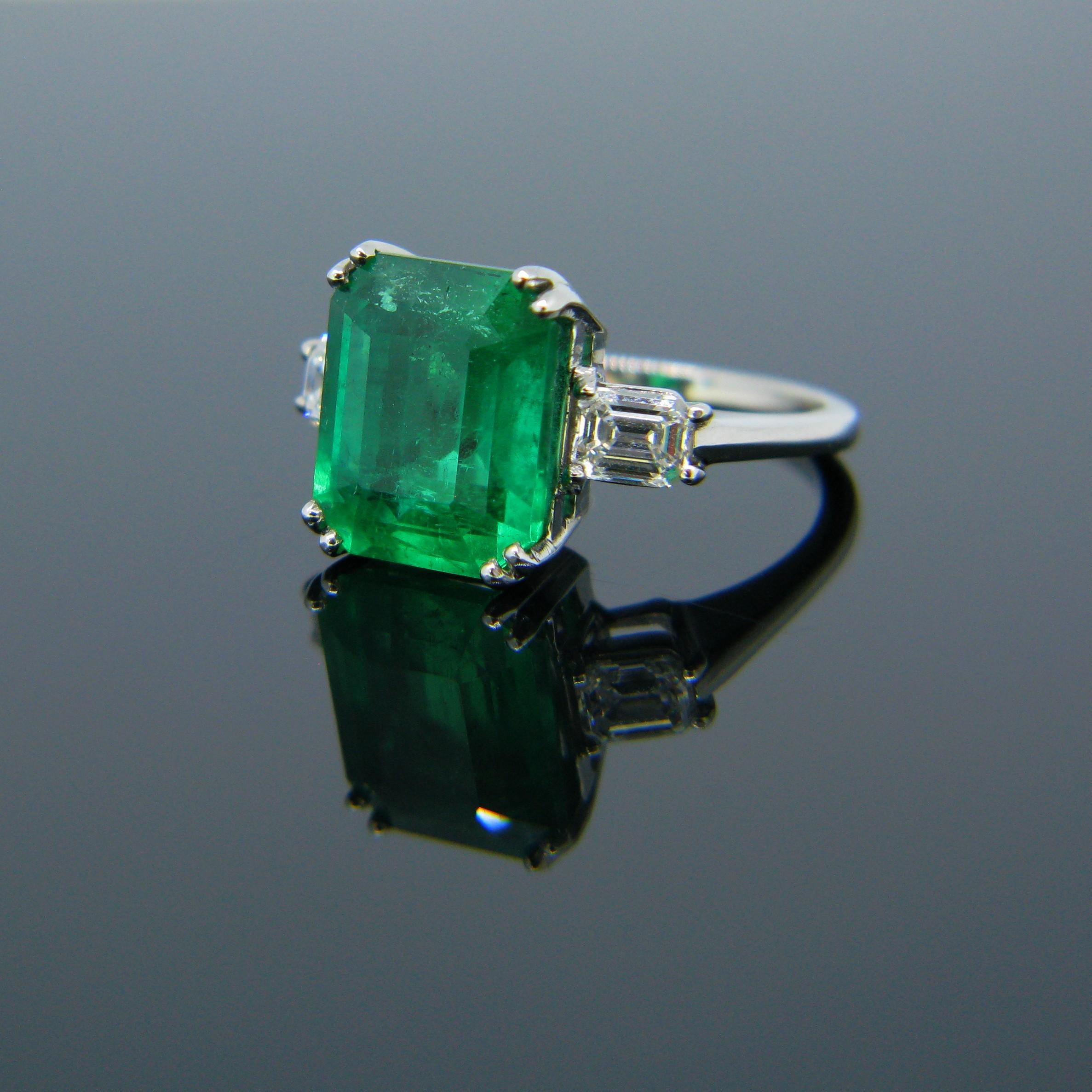 Certified 6.05 Carat Colombian Emerald Diamond Emerald Cut Platinum Ring 2