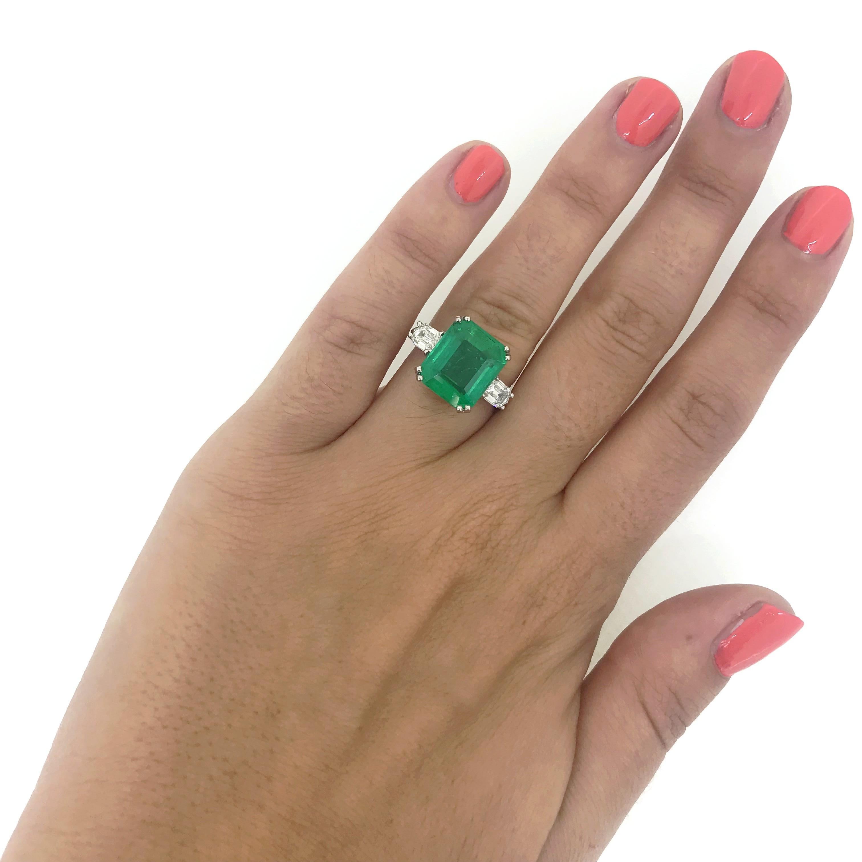 Certified 6.05 Carat Colombian Emerald Diamond Emerald Cut Platinum Ring 3