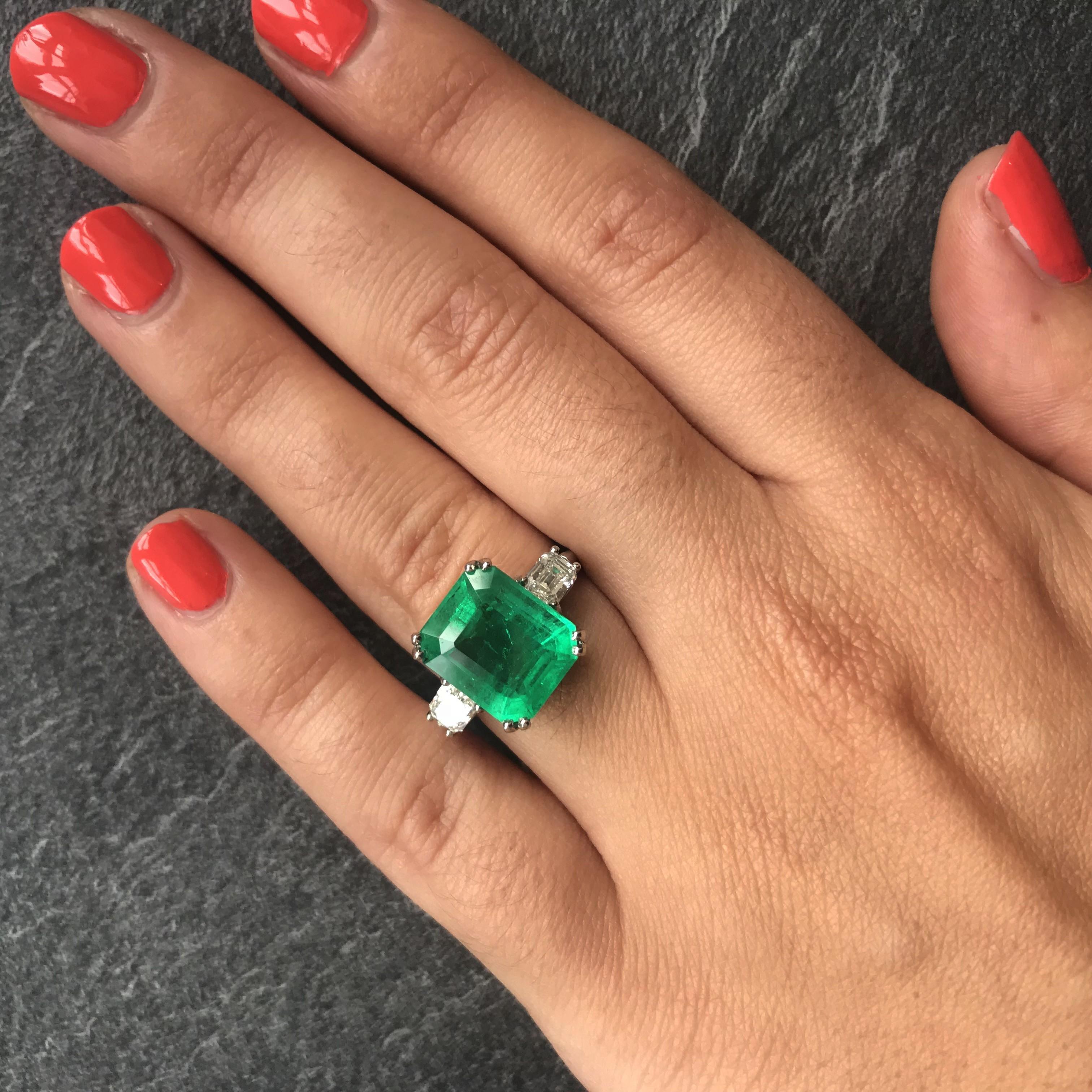 Certified 6.05 Carat Colombian Emerald Diamond Emerald Cut Platinum Ring 4