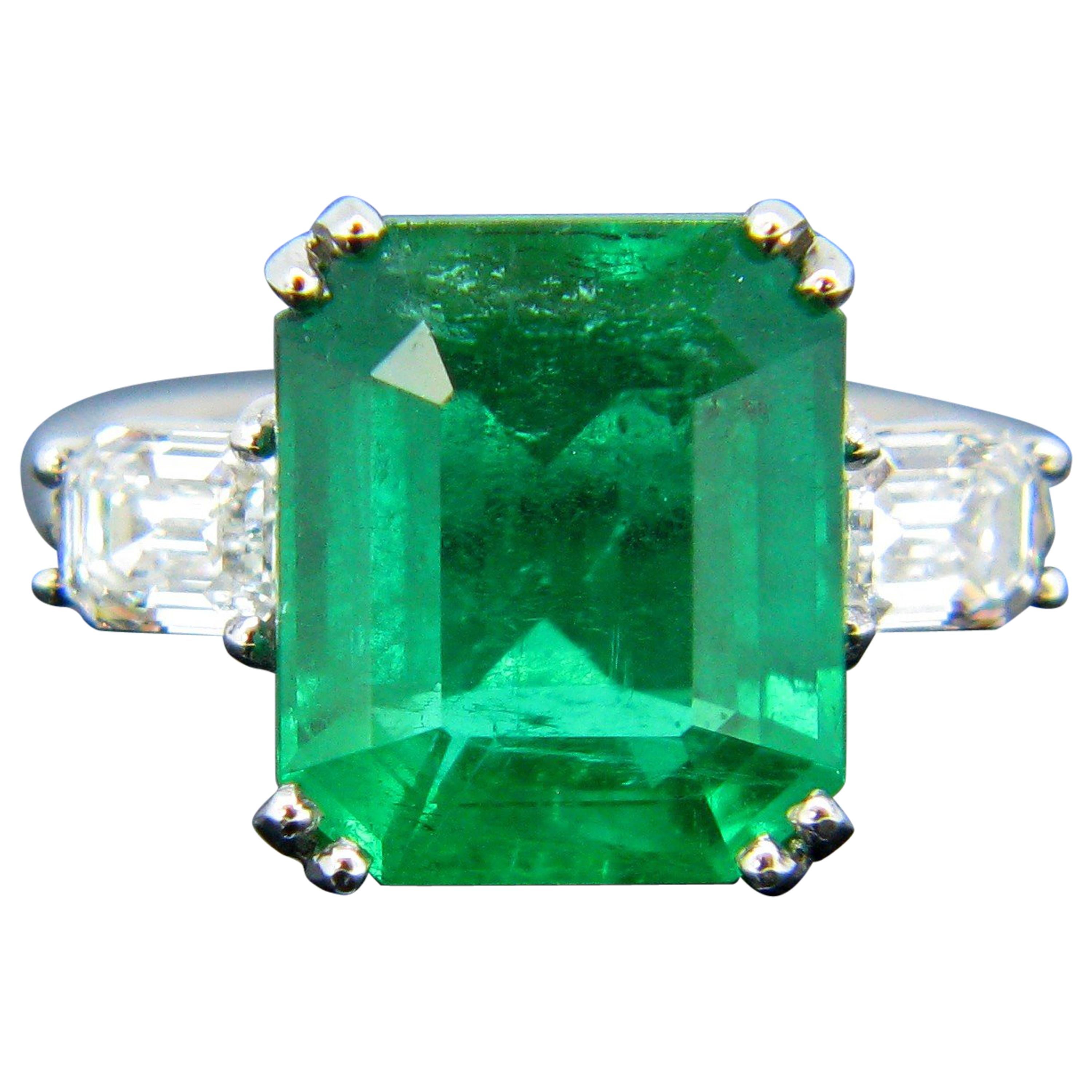 Certified 6.05 Carat Colombian Emerald Diamond Emerald Cut Platinum Ring