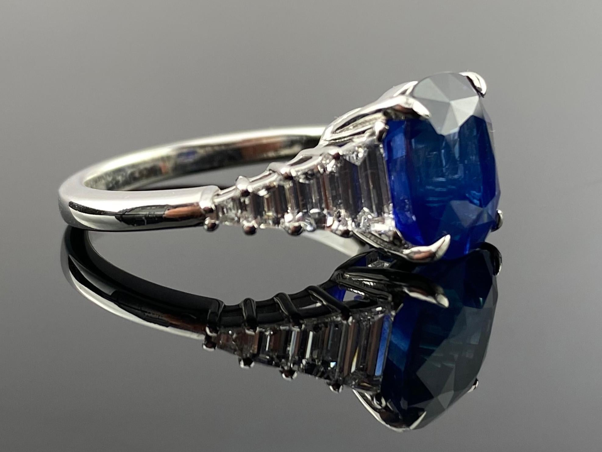 Modern Certified 6.05 Carat Cushion Sapphire and Diamond Ring For Sale