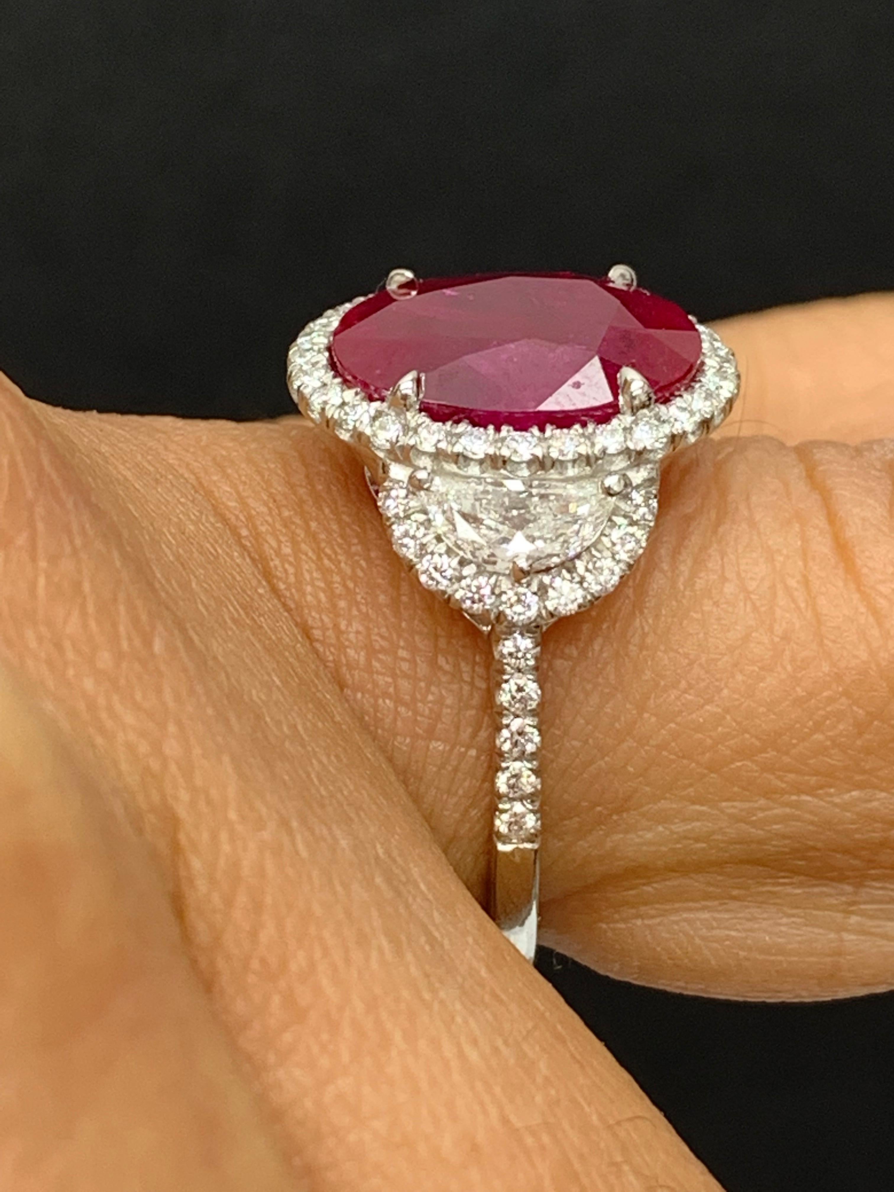Certified 6.05 Carat Oval Cut Ruby and Diamond Three-Stone Halo Ring in Platinum For Sale 5