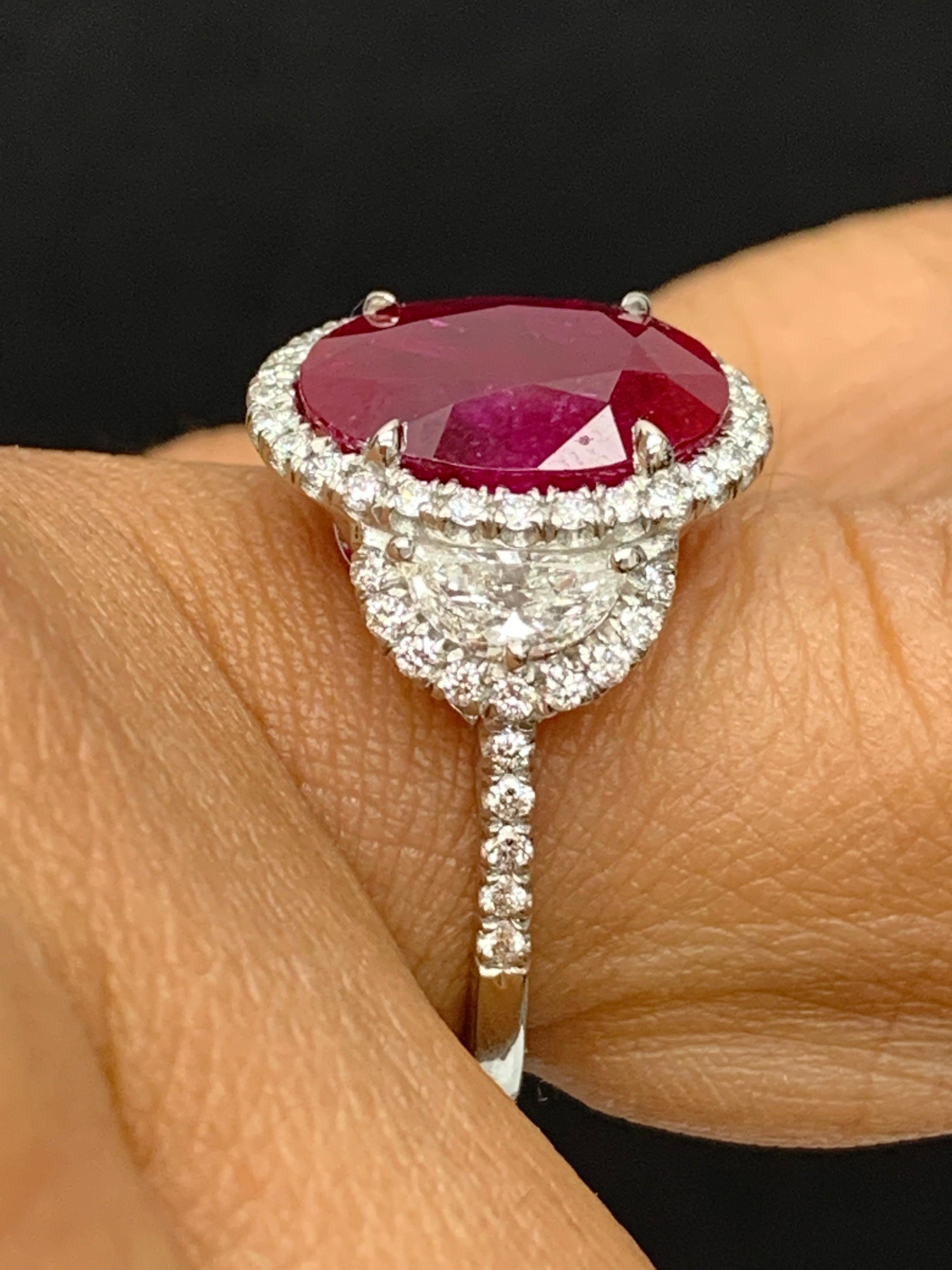 Certified 6.05 Carat Oval Cut Ruby and Diamond Three-Stone Halo Ring in Platinum For Sale 6