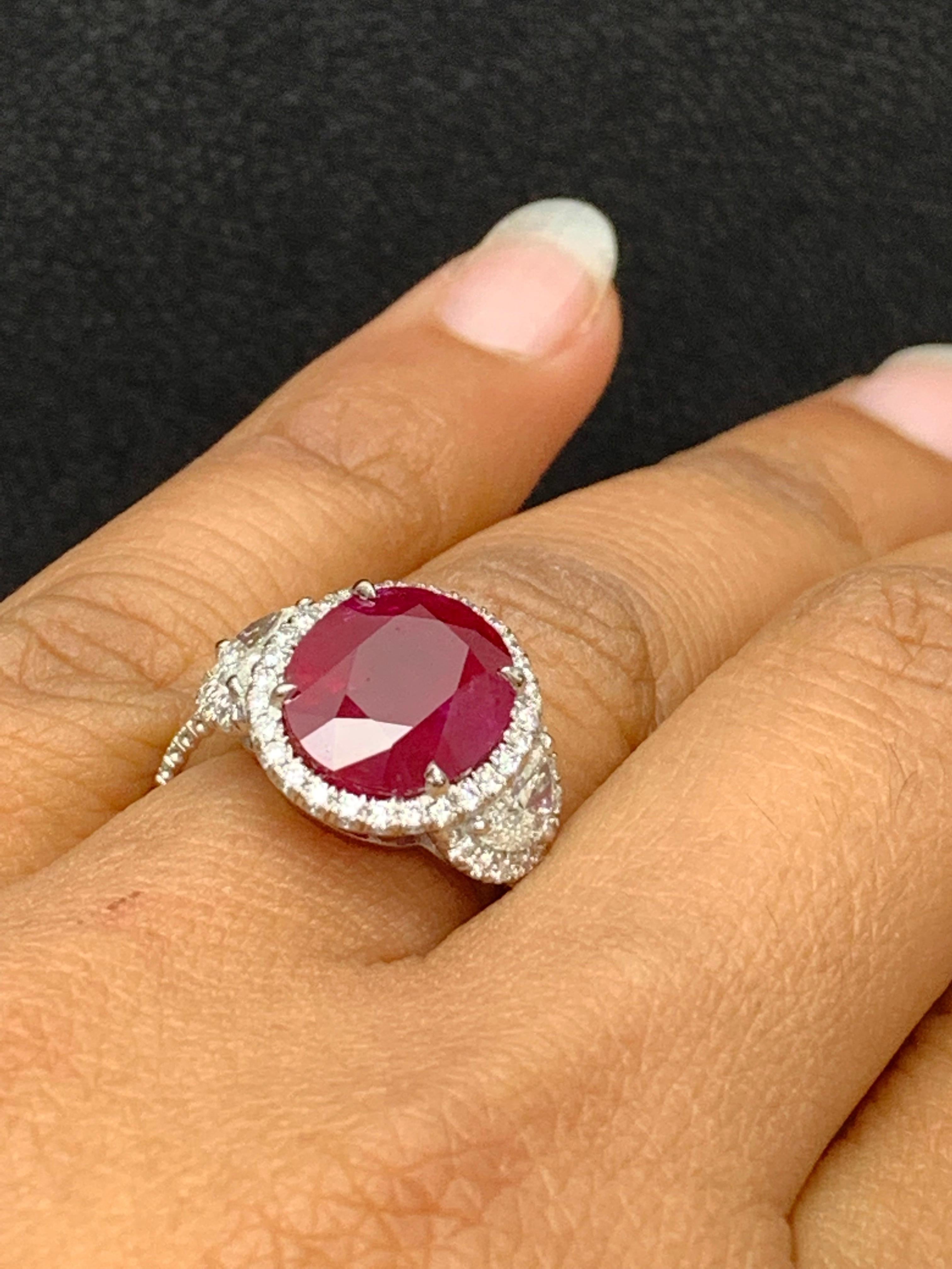Certified 6.05 Carat Oval Cut Ruby and Diamond Three-Stone Halo Ring in Platinum For Sale 7