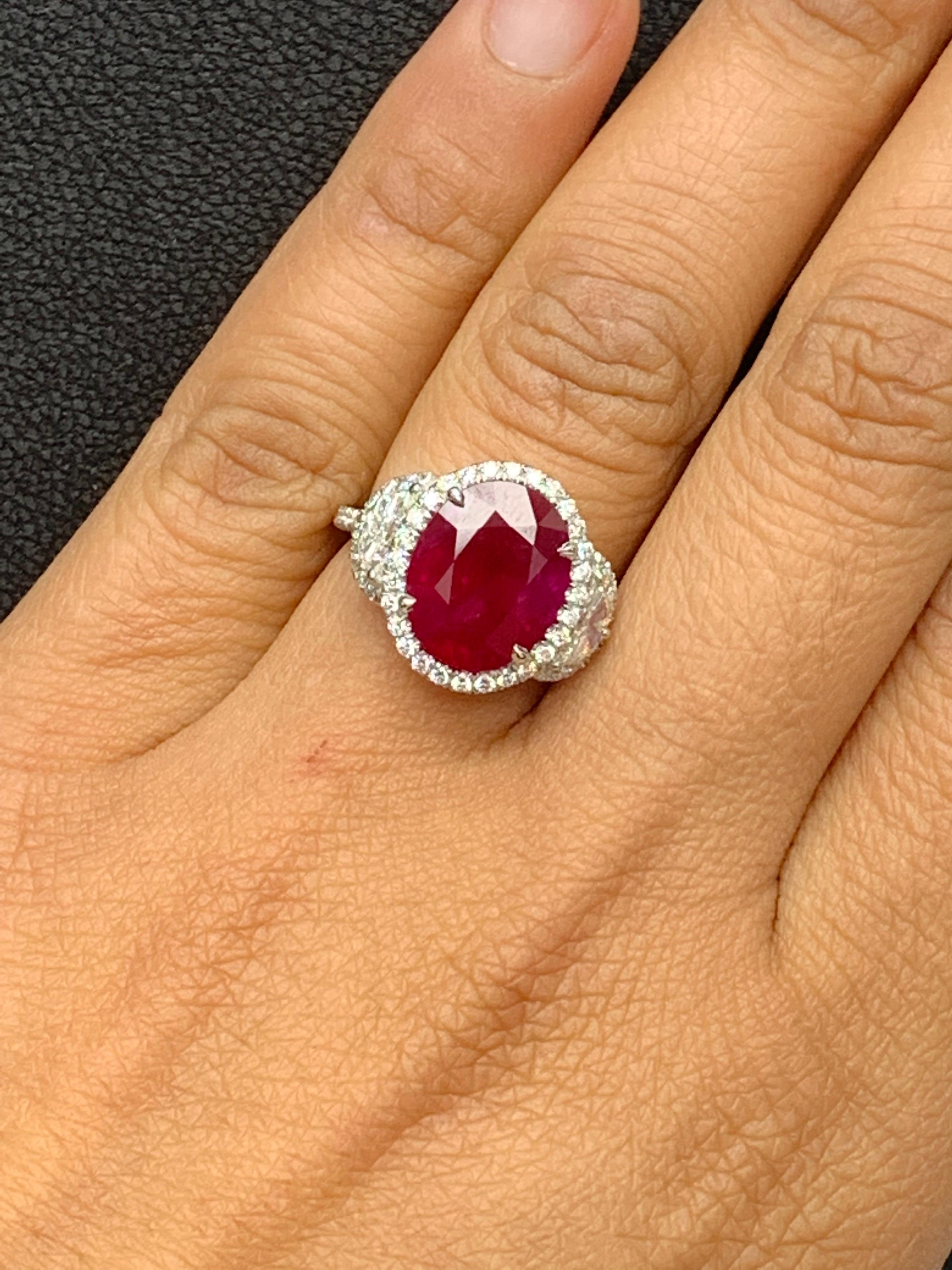 Certified 6.05 Carat Oval Cut Ruby and Diamond Three-Stone Halo Ring in Platinum For Sale 8