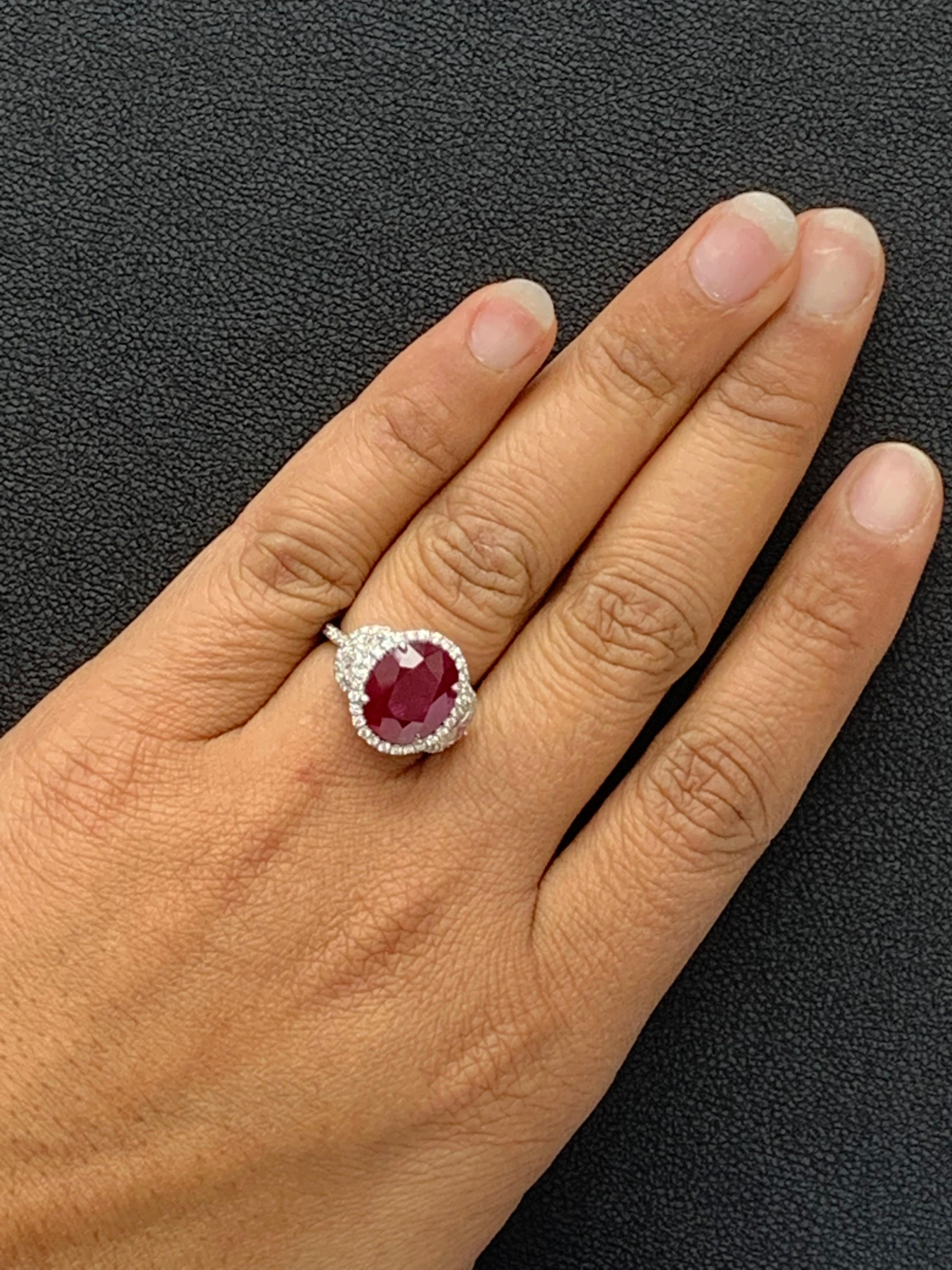 Certified 6.05 Carat Oval Cut Ruby and Diamond Three-Stone Halo Ring in Platinum For Sale 12