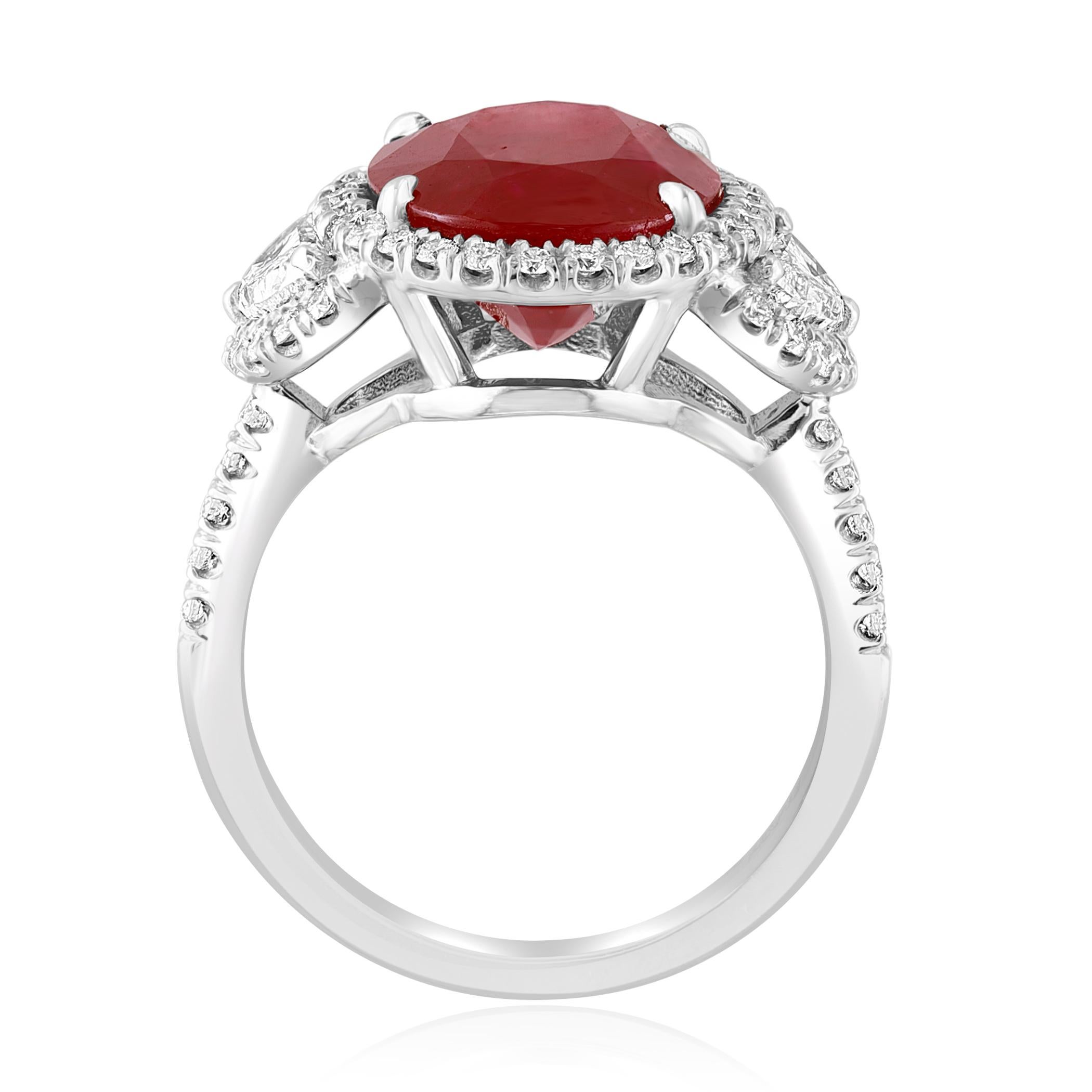 Modern Certified 6.05 Carat Oval Cut Ruby and Diamond Three-Stone Halo Ring in Platinum For Sale