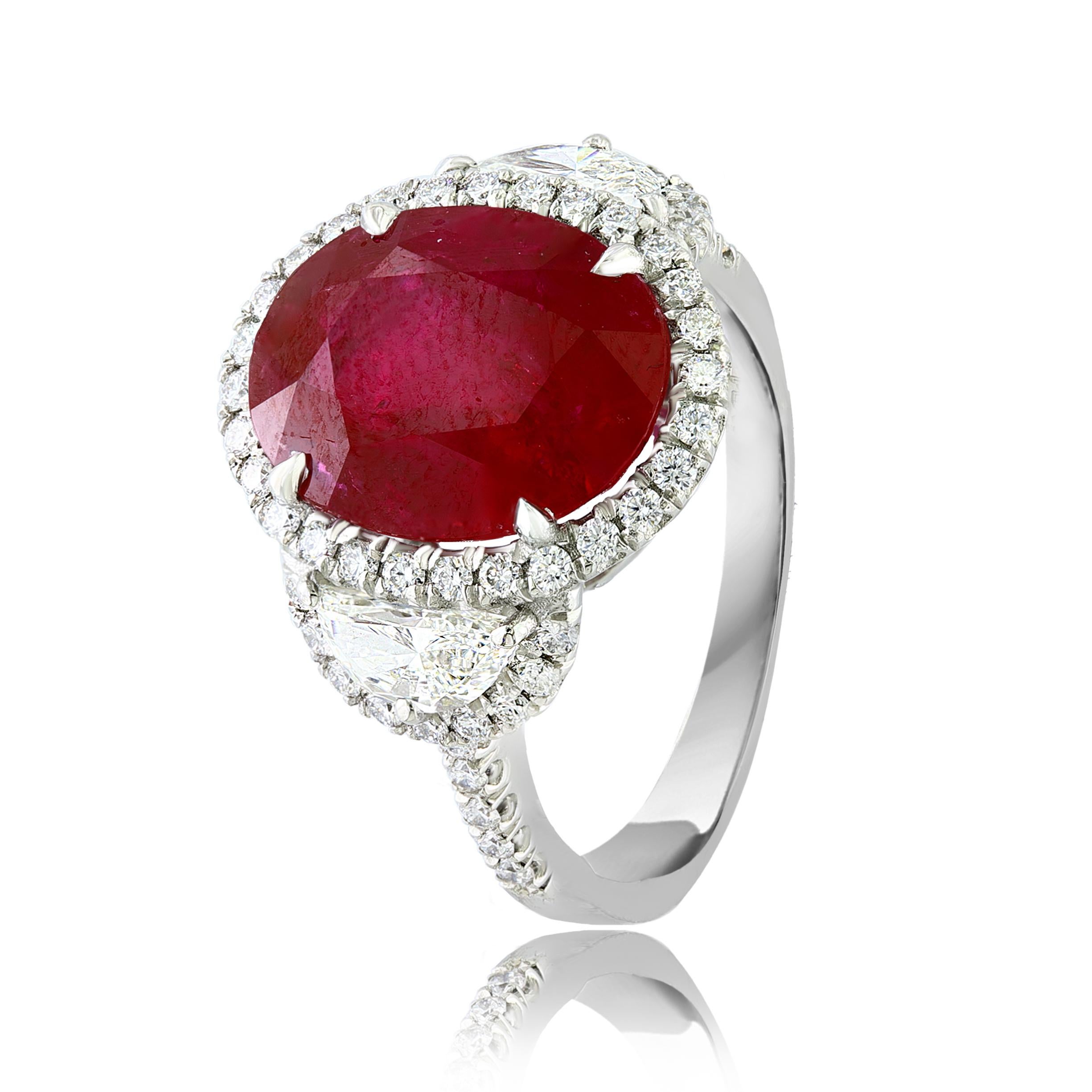 Certified 6.05 Carat Oval Cut Ruby and Diamond Three-Stone Halo Ring in Platinum In New Condition For Sale In NEW YORK, NY
