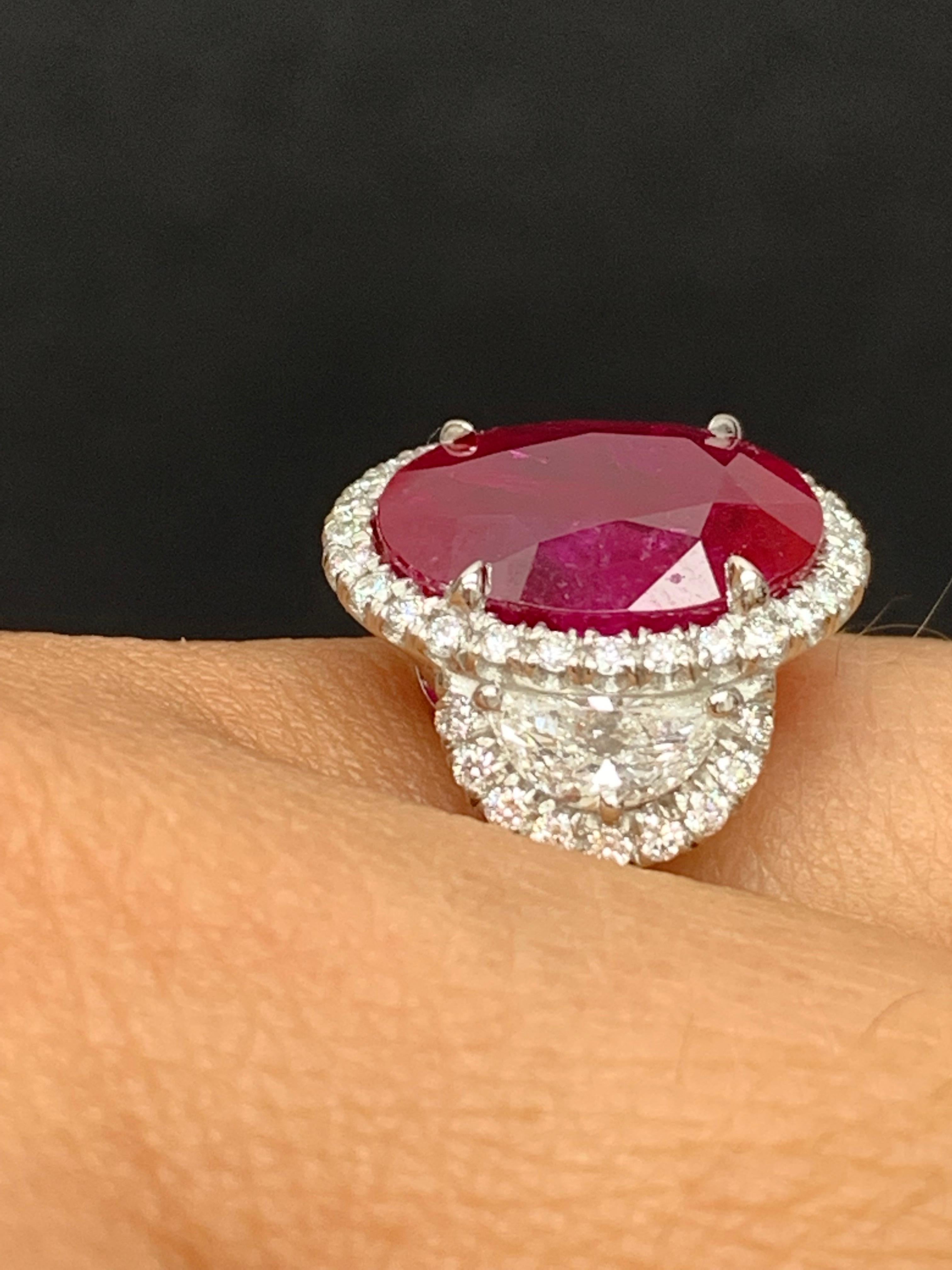 Certified 6.05 Carat Oval Cut Ruby and Diamond Three-Stone Halo Ring in Platinum For Sale 4