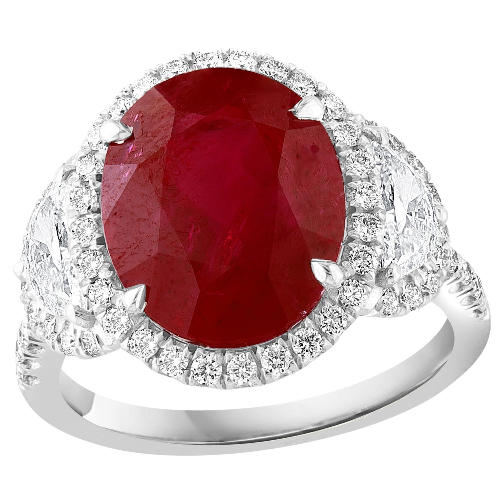 Certified 6.05 Carat Oval Cut Ruby and Diamond Three-Stone Halo Ring in Platinum For Sale