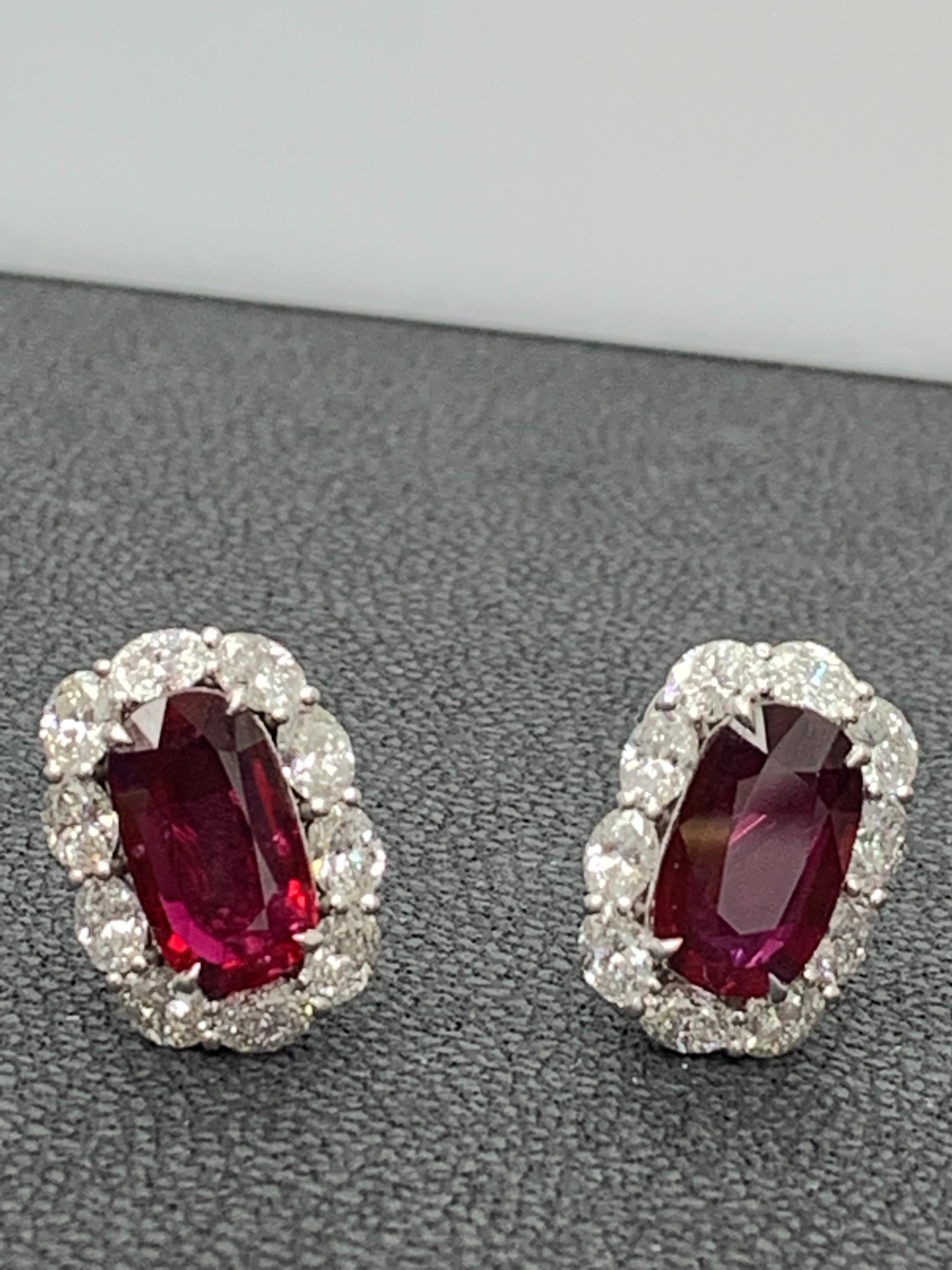 CERTIFIED 6.15 Carat Cushion Cut Ruby and Diamond Halo Earring in 18K White Gold For Sale 6