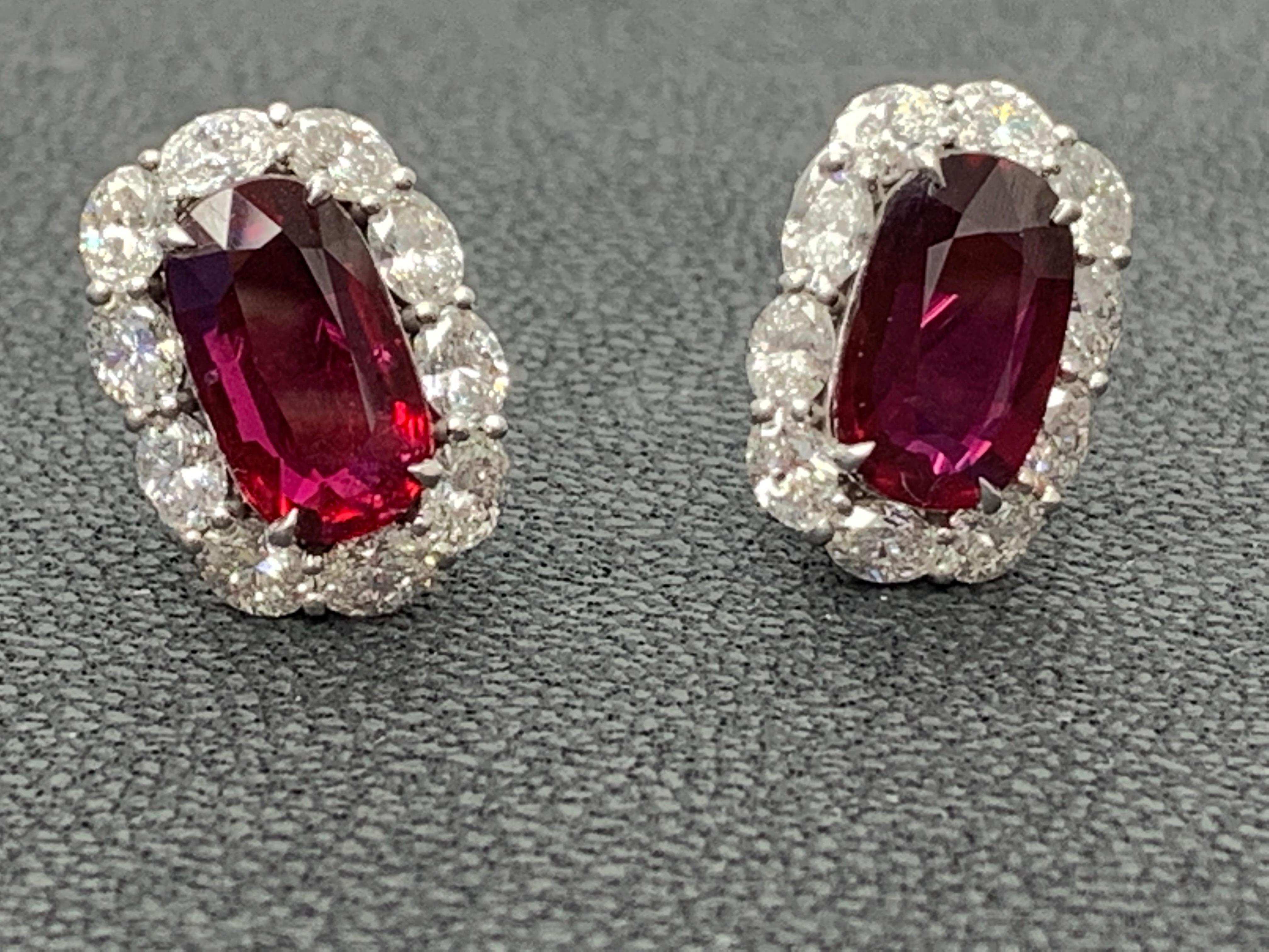 CERTIFIED 6.15 Carat Cushion Cut Ruby and Diamond Halo Earring in 18K White Gold For Sale 7