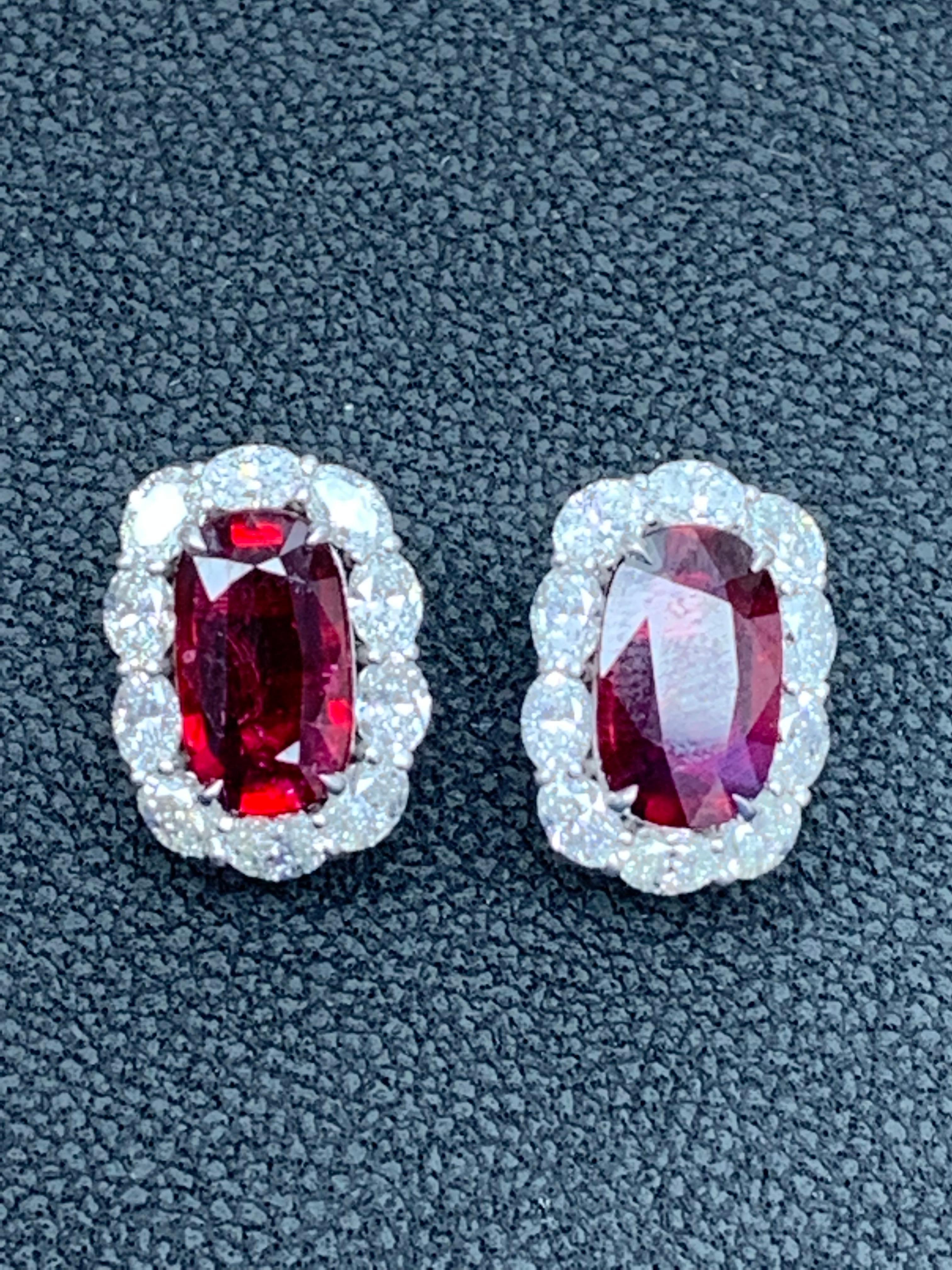 CERTIFIED 6.15 Carat Cushion Cut Ruby and Diamond Halo Earring in 18K White Gold In New Condition For Sale In NEW YORK, NY