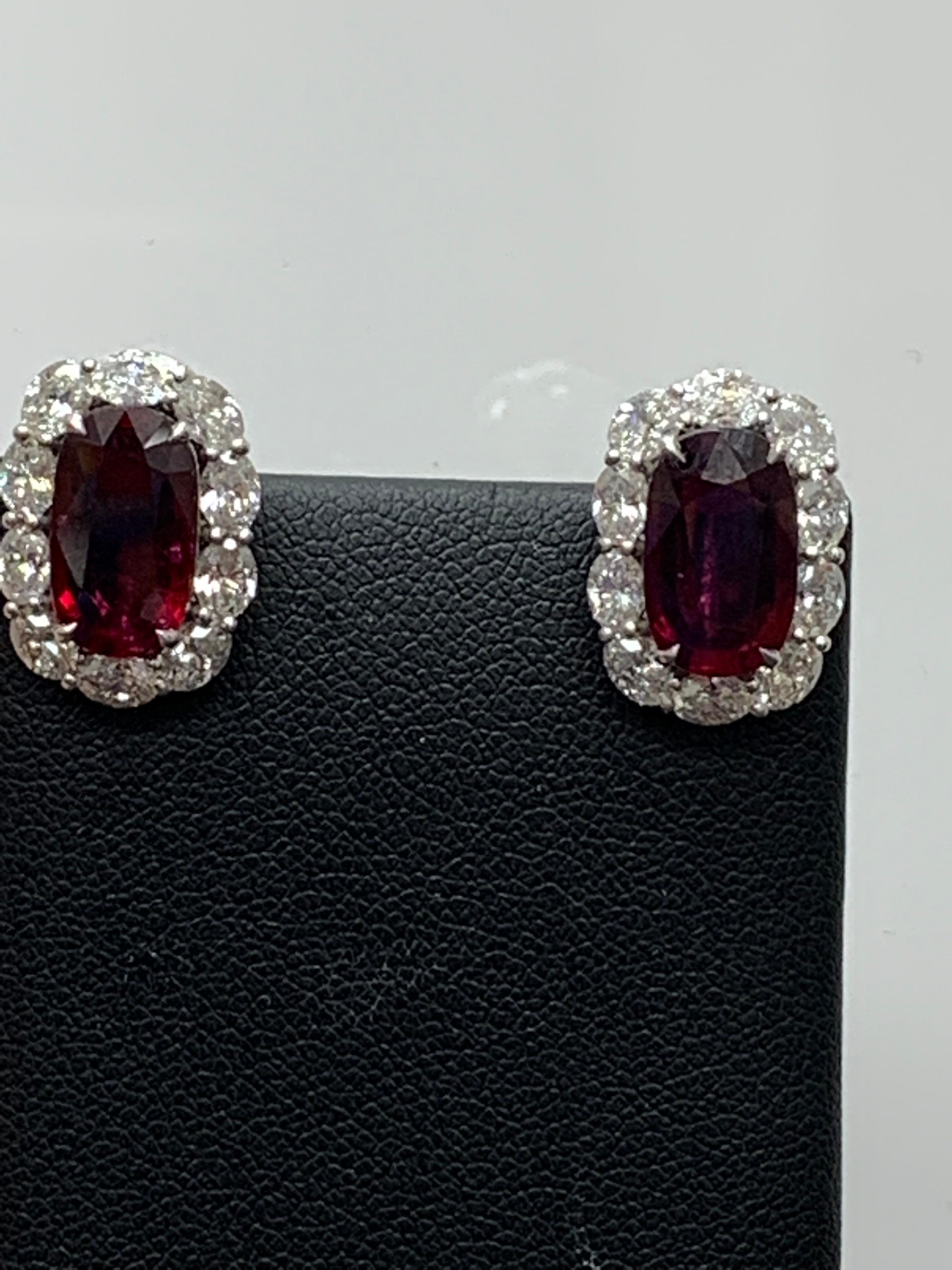 CERTIFIED 6.15 Carat Cushion Cut Ruby and Diamond Halo Earring in 18K White Gold For Sale 1