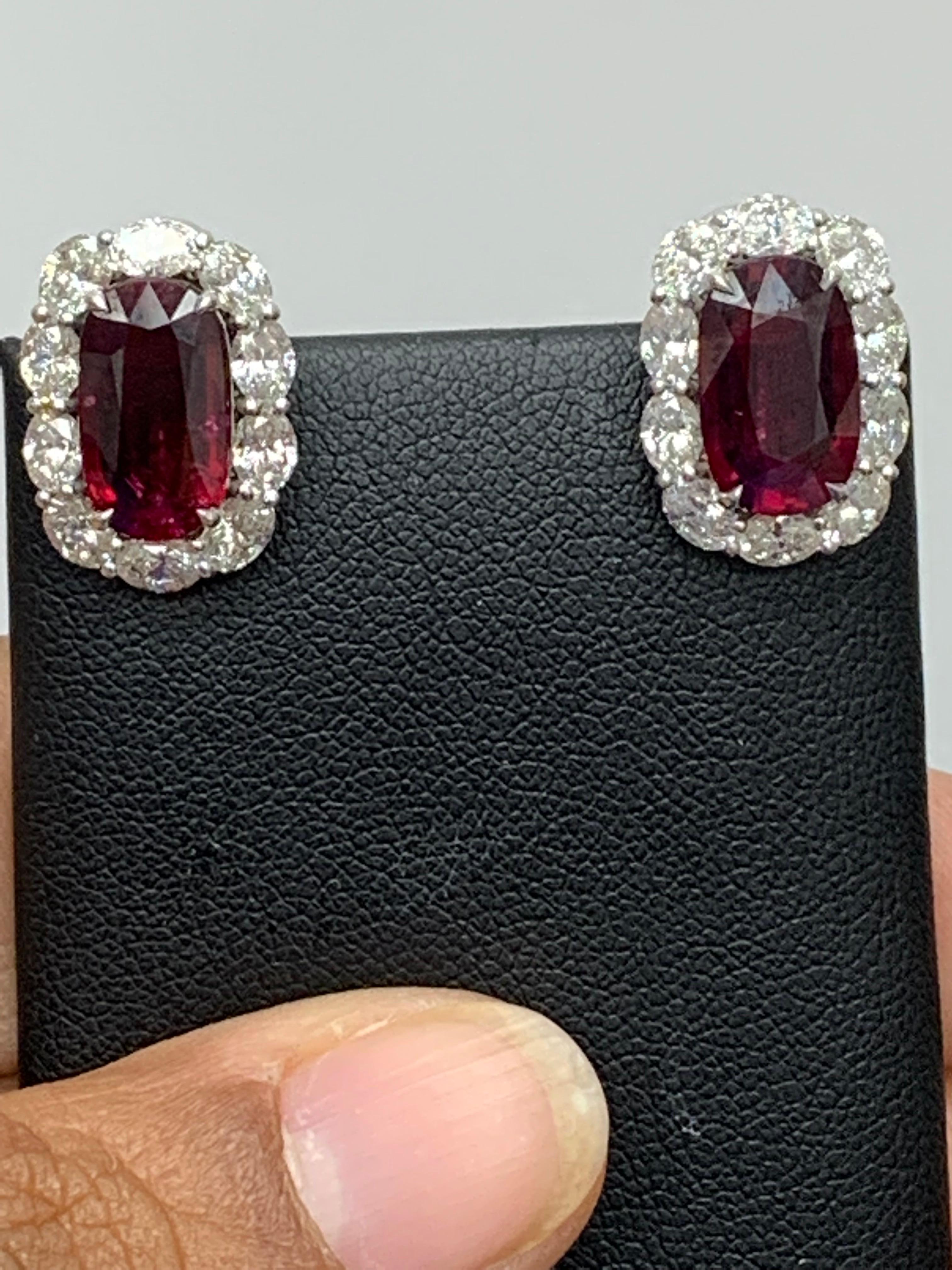 CERTIFIED 6.15 Carat Cushion Cut Ruby and Diamond Halo Earring in 18K White Gold For Sale 2