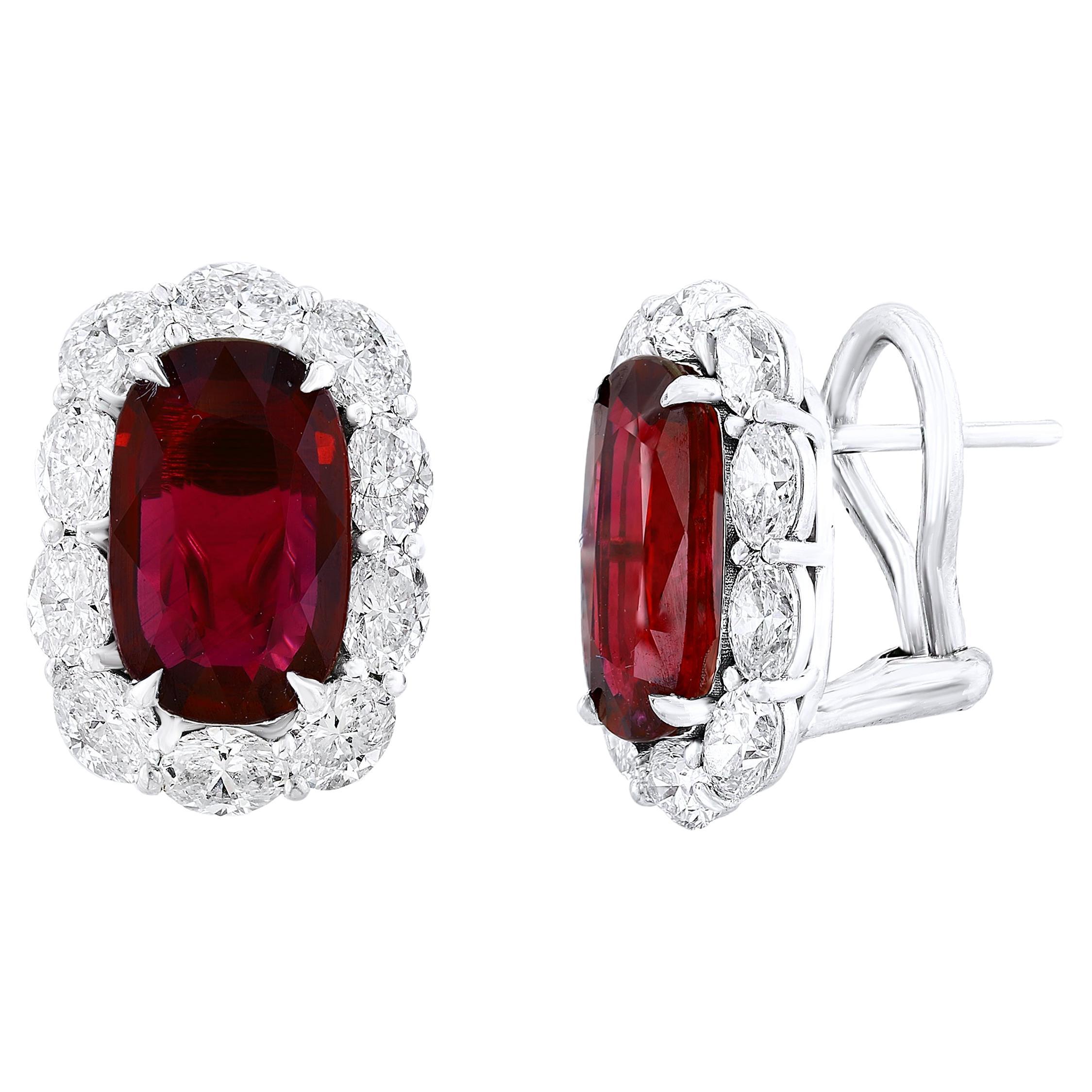 CERTIFIED 6.15 Carat Cushion Cut Ruby and Diamond Halo Earring in 18K White Gold