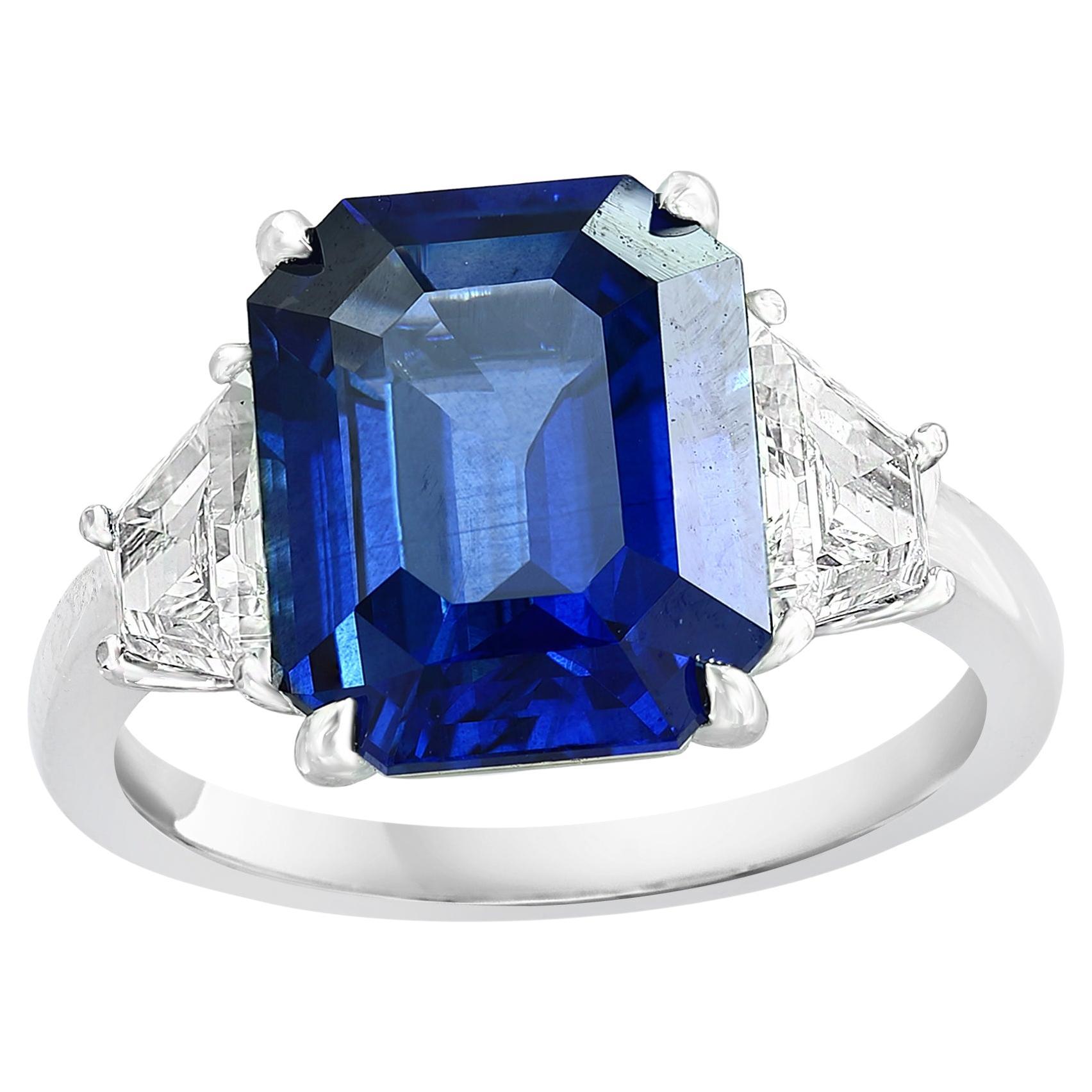 Certified 6.21 Carat Emerald Cut Sapphire & Diamond Engagement Ring in Platinum For Sale