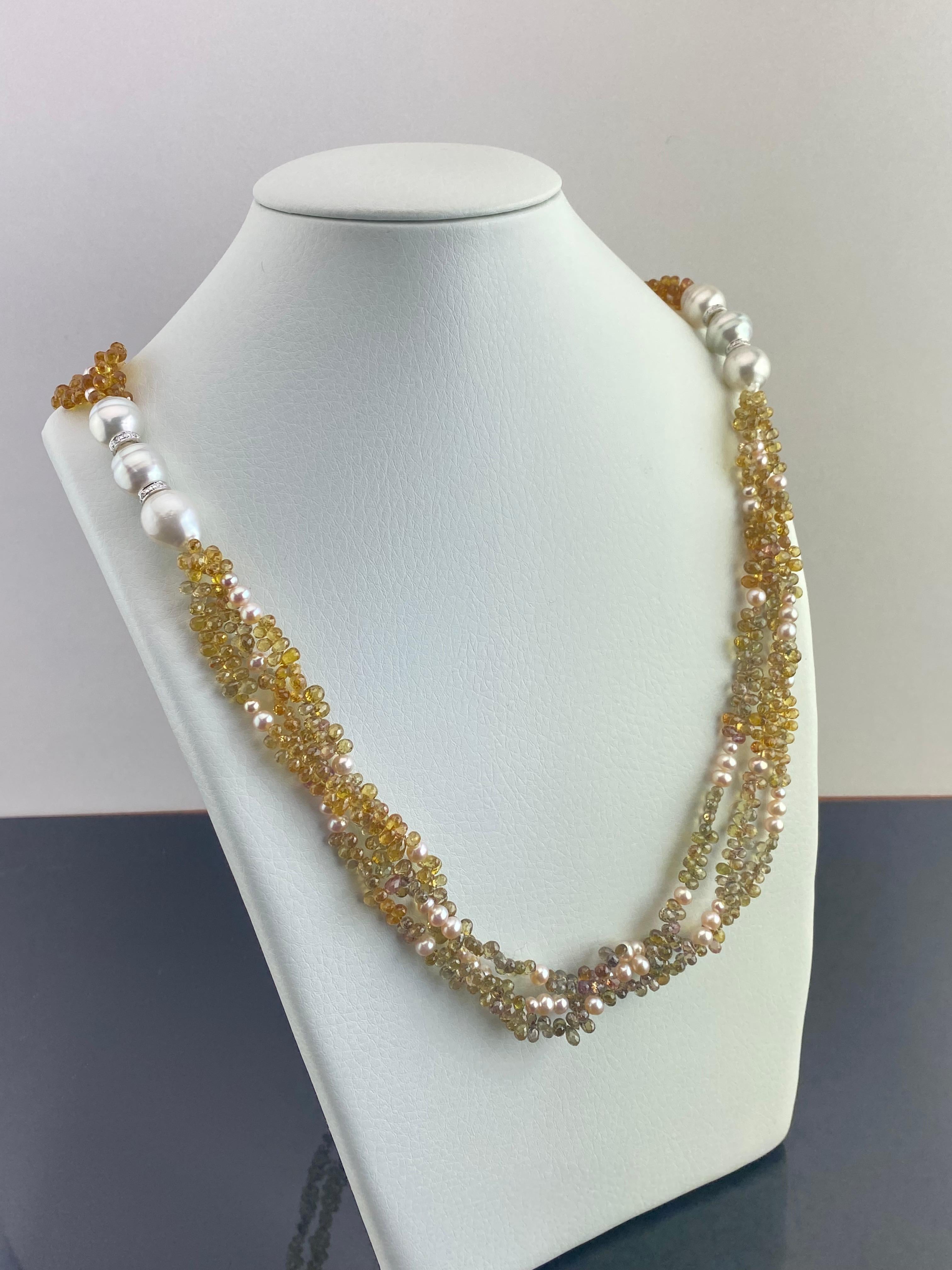 A beautiful 623 carat faceted pear shape, multi colored beaded, natural Sapphire and Pearl necklace, with Diamond and 18k white gold rondelles. Currently the necklace is 36 inches long, can be altered. Also available in different colors. 
Please