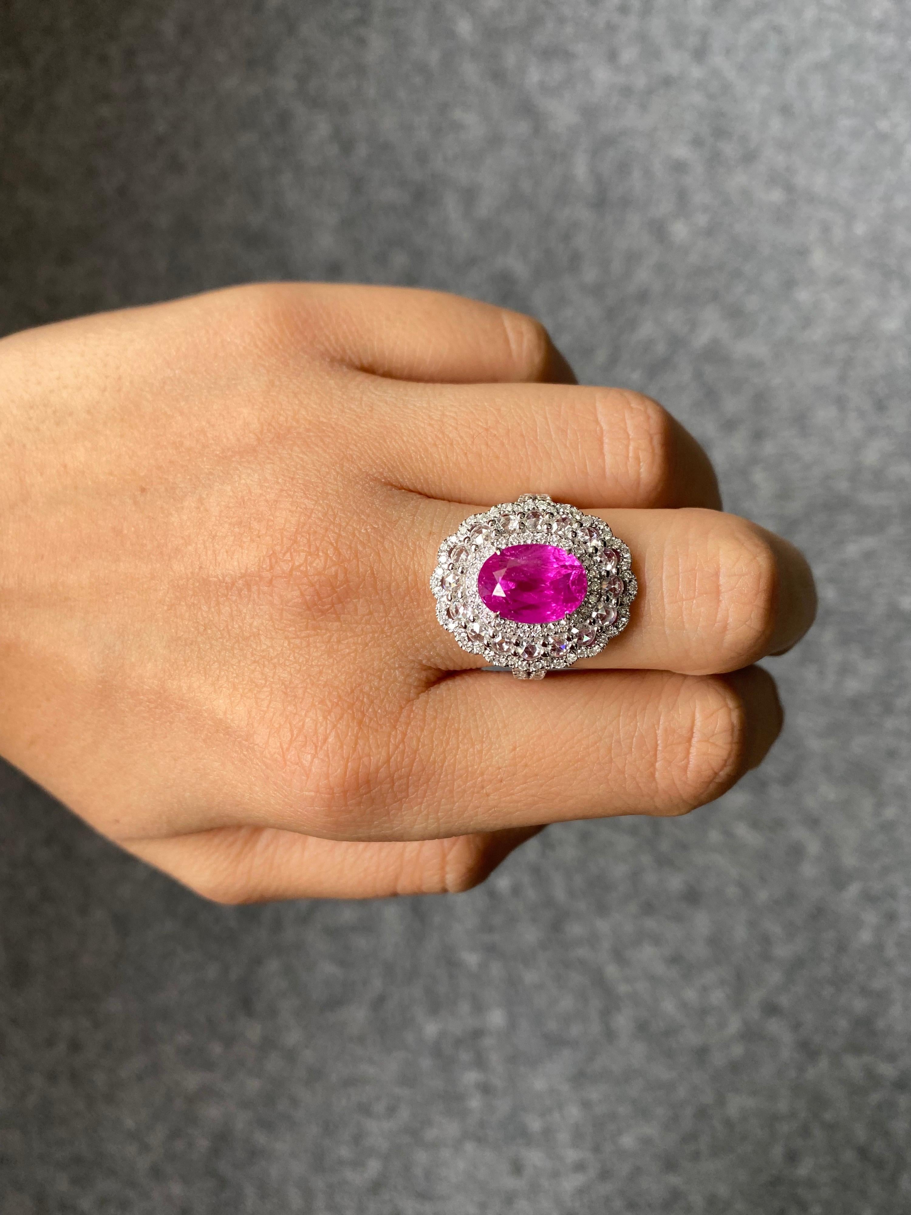 Certified 6.24 Carat Oval Shape Ruby and Diamond Cocktail Ring For Sale 1