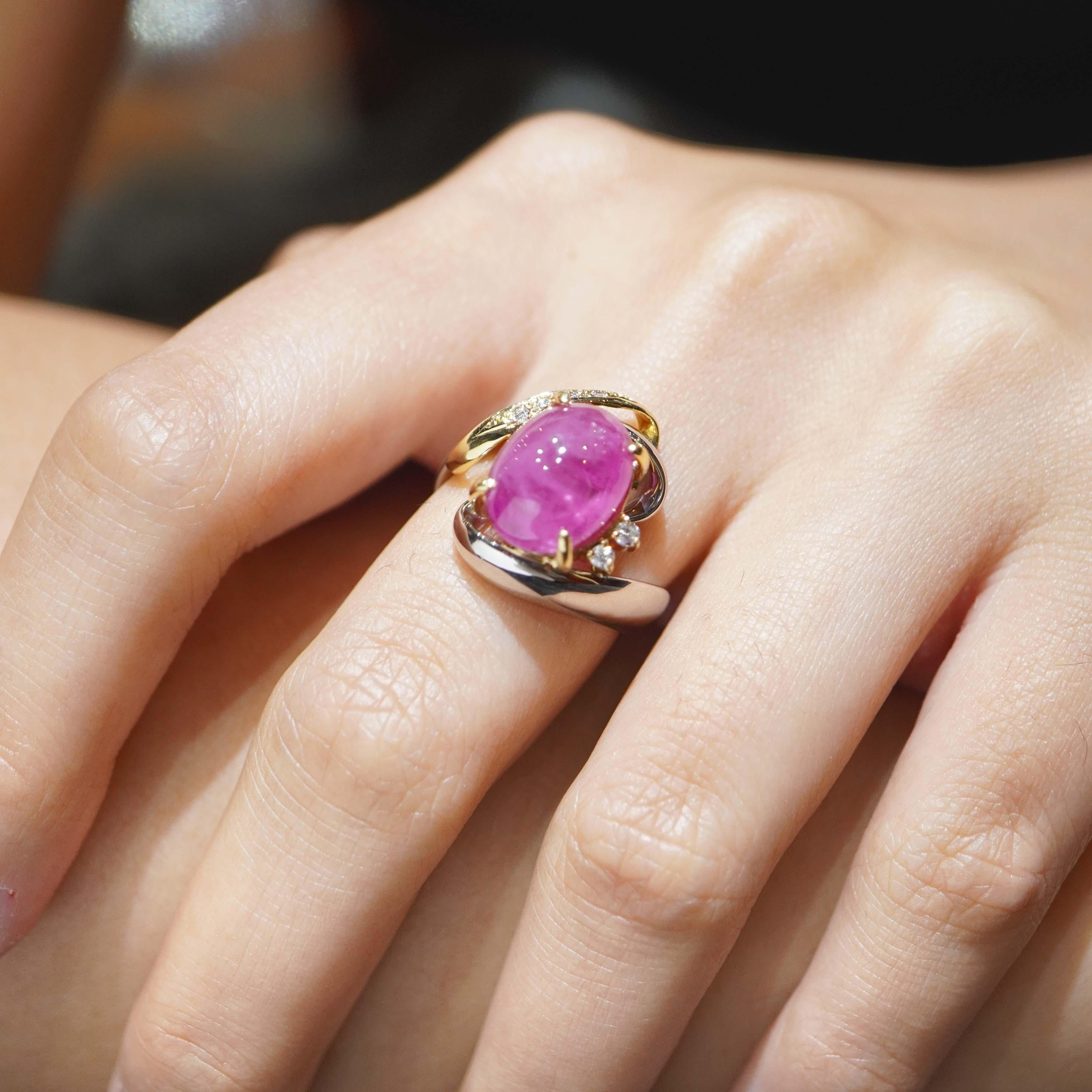 Certified 6.29 Carat Vivid Pink Sapphire Cabochon Diamond Cocktail Ring In New Condition For Sale In Hung Hom, HK