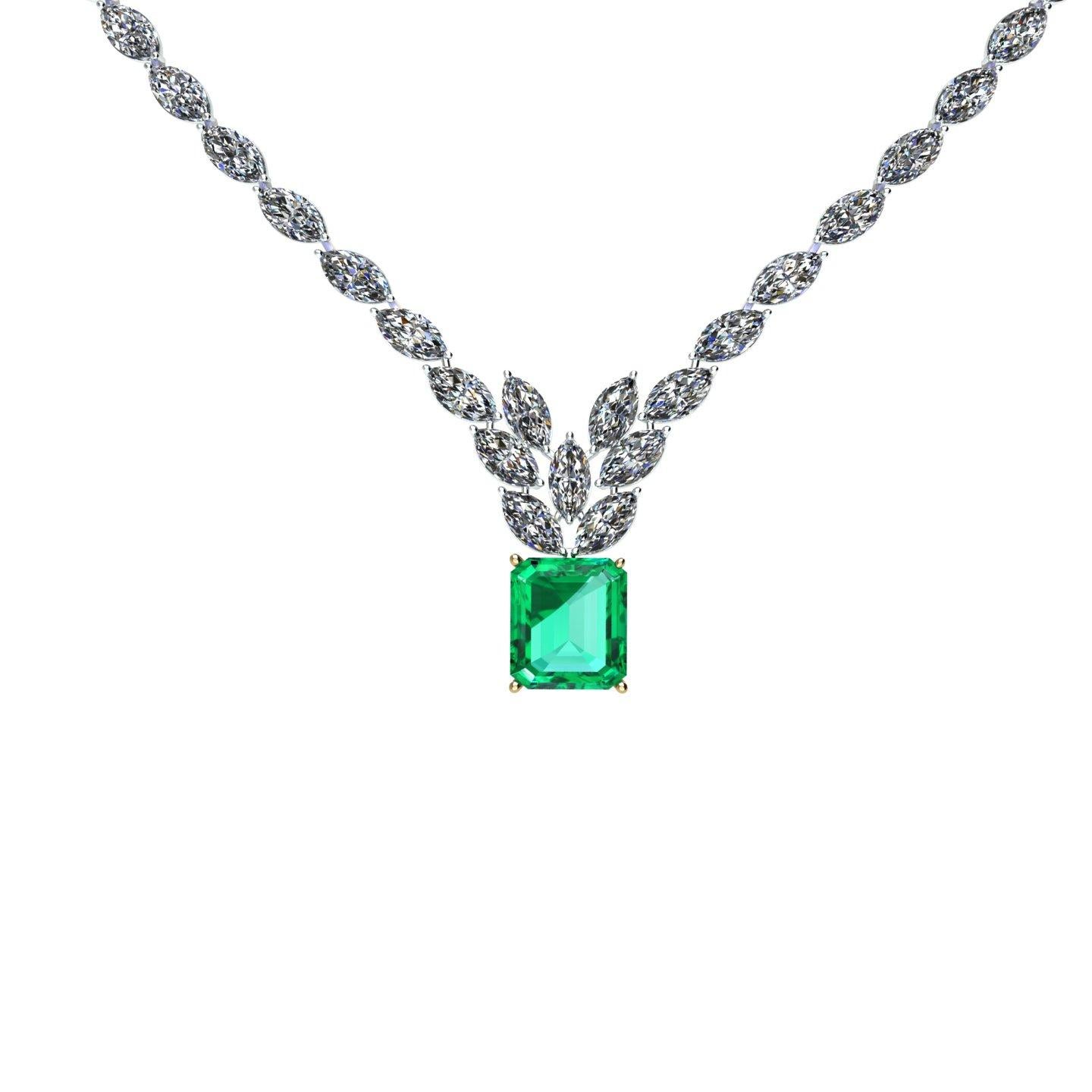 A unique necklaces showcasing approximately 23 carats of natural white Diamonds Marquise cut, G/F color, VS clarity, eye clean, with a center gemstone 6.31 carat GRS Certified Colombian Emerald, made in 18k yellow gold in the center setting and