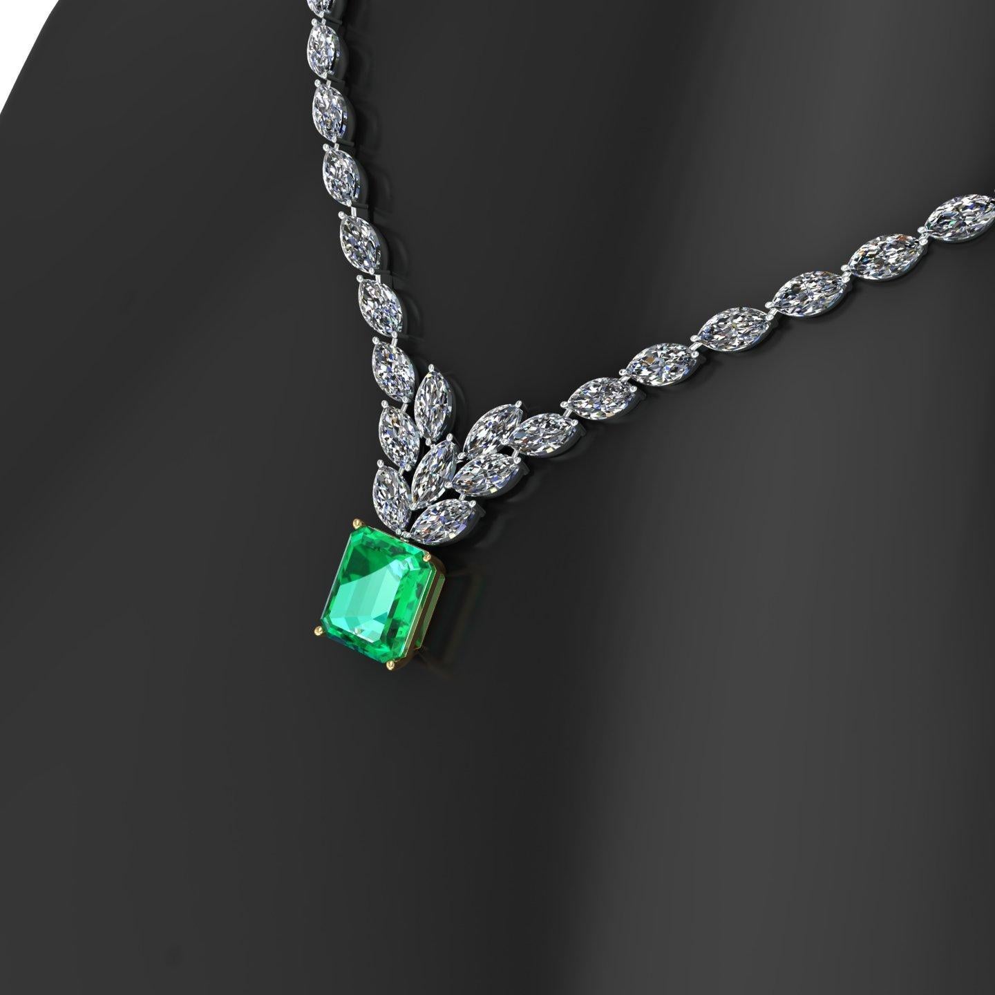 Art Deco Certified 6.31 Carat Emerald 23 Carat Diamond 18k Gold and Platinum 950 Necklace