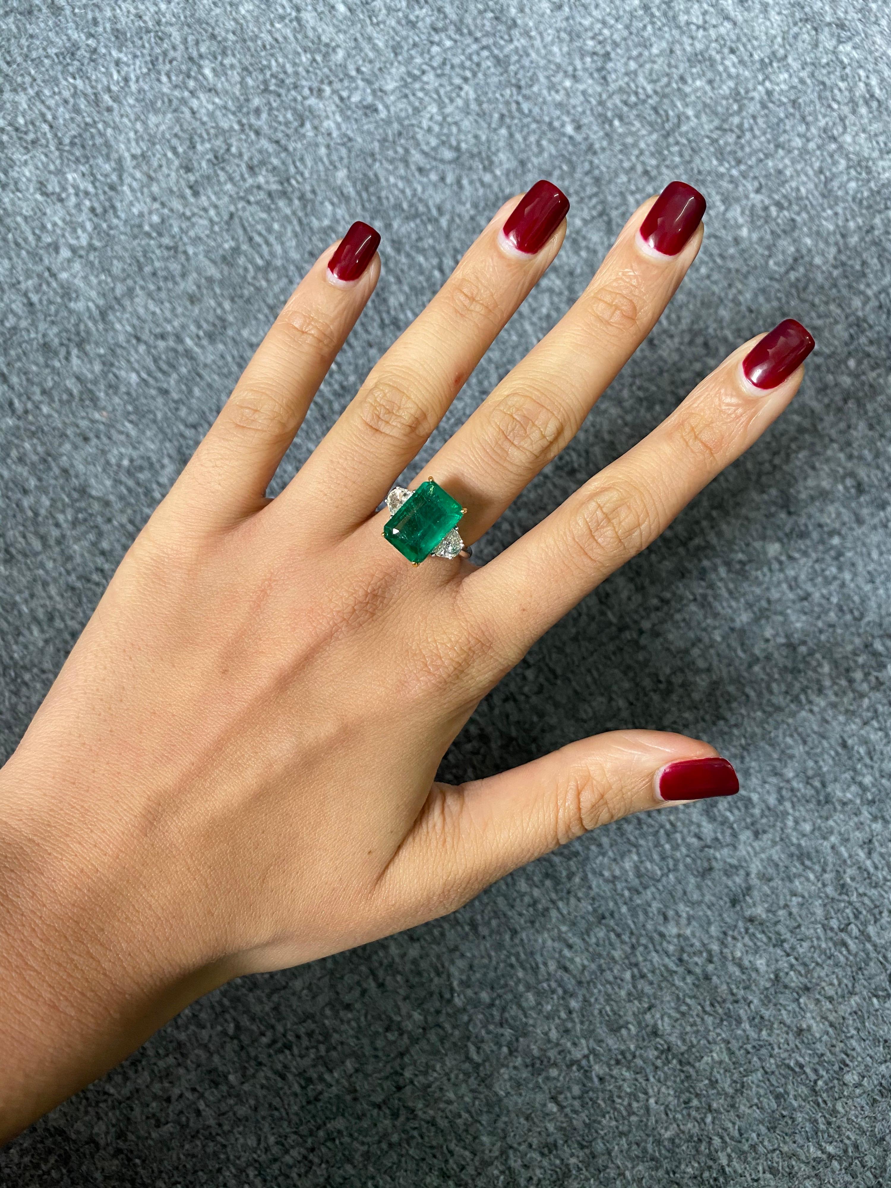 Emerald Cut Certified 6.34 Carat Emerald and Diamond Three-Stone Engagement Ring