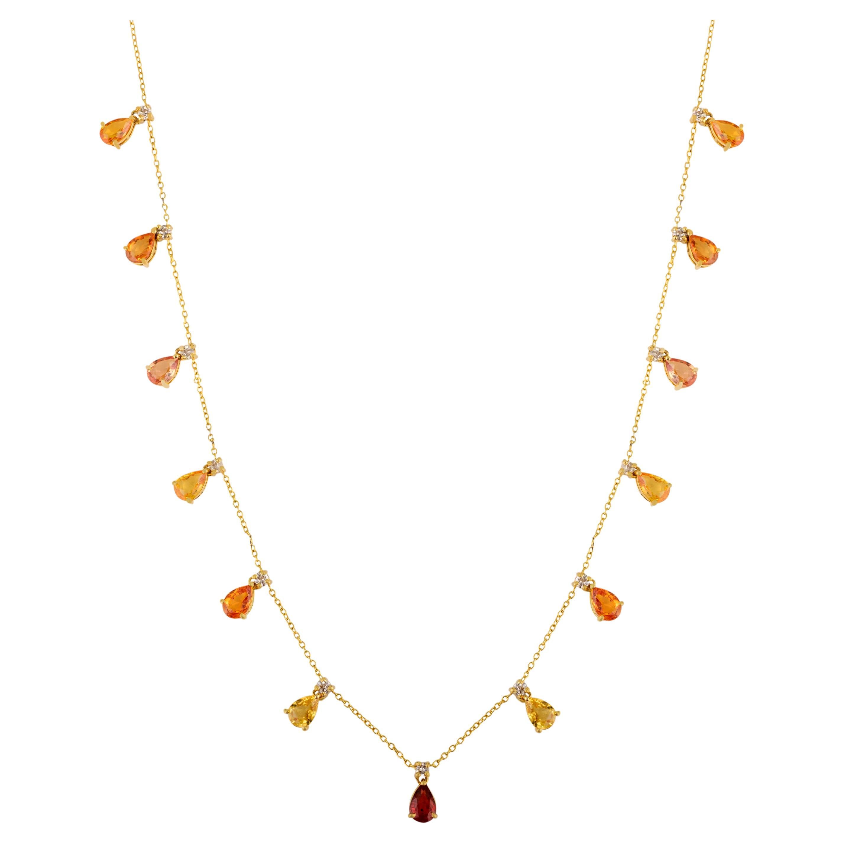 Collier à breloques en or jaune 14K certifié 6.39Ct Multi Sapphire & Diamond