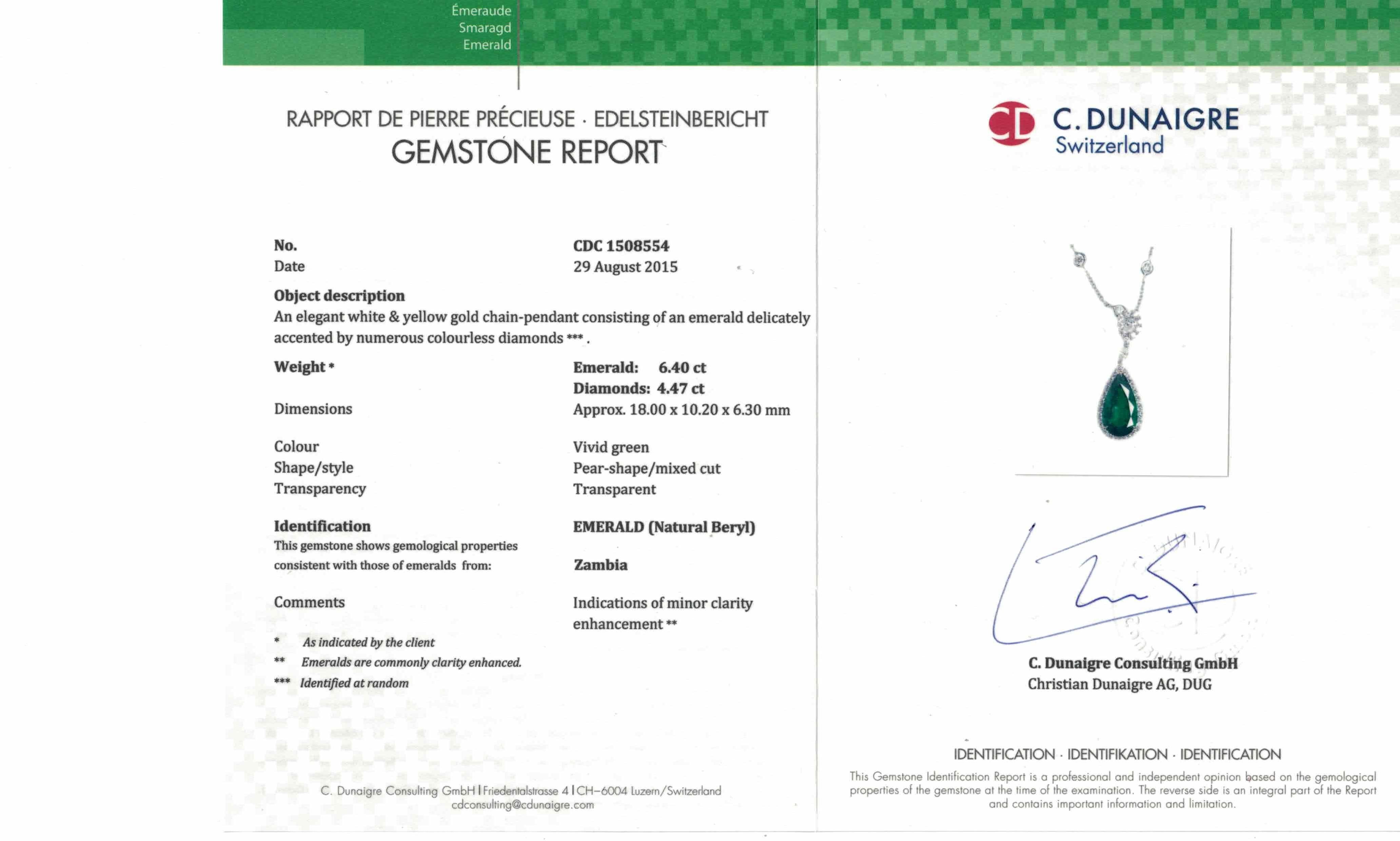 Certified 6.40 Carat Pear shape Emerald Diamond Drop Necklace in 18K White Gold In New Condition For Sale In NEW YORK, NY