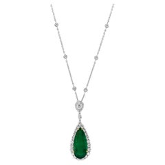 Certified 6.40 Carat Pear shape Emerald Diamond Drop Necklace in 18K White Gold