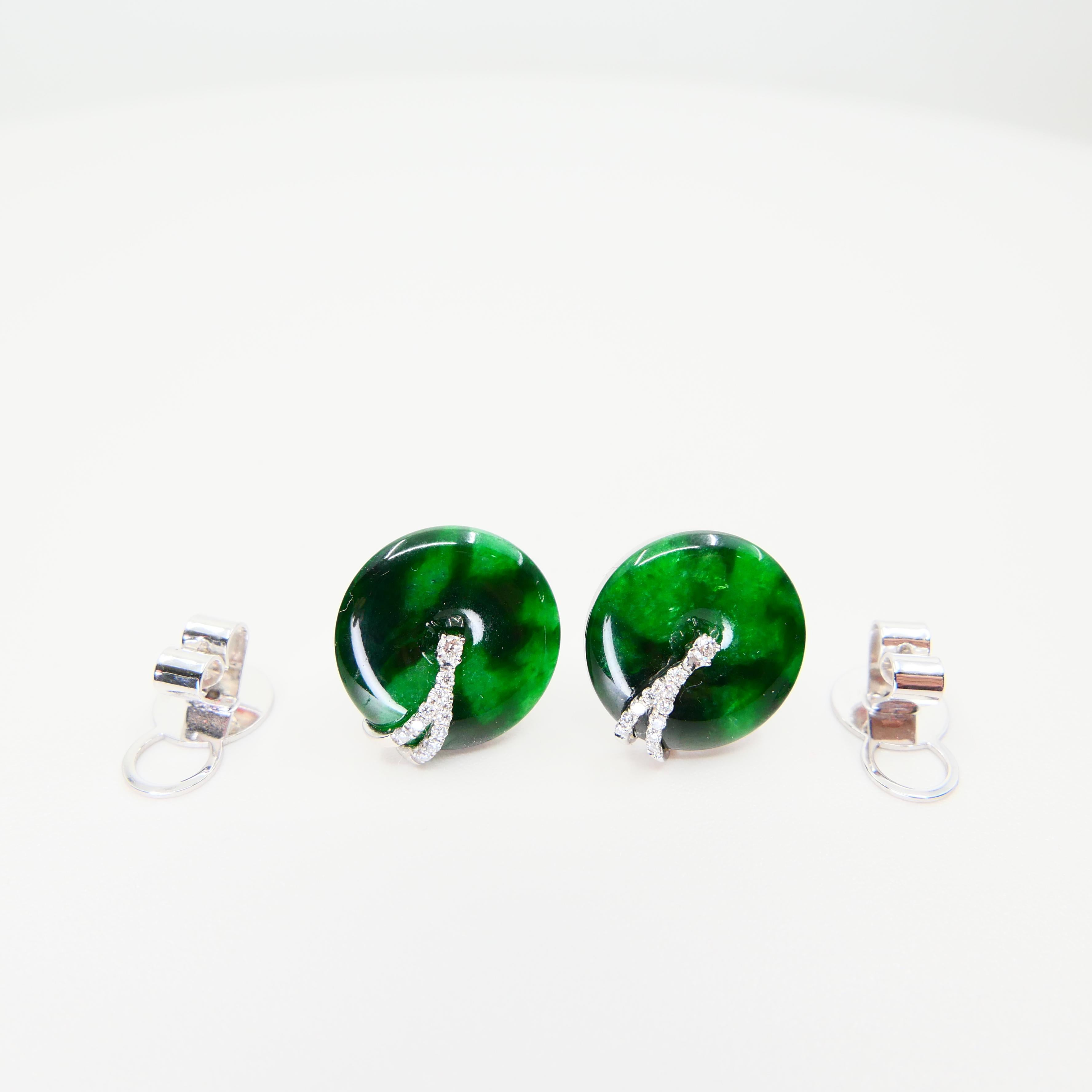 Certified 6.42 CTW Type A Jadeite Jade & Diamond Earrings, Spinach Green Color 2