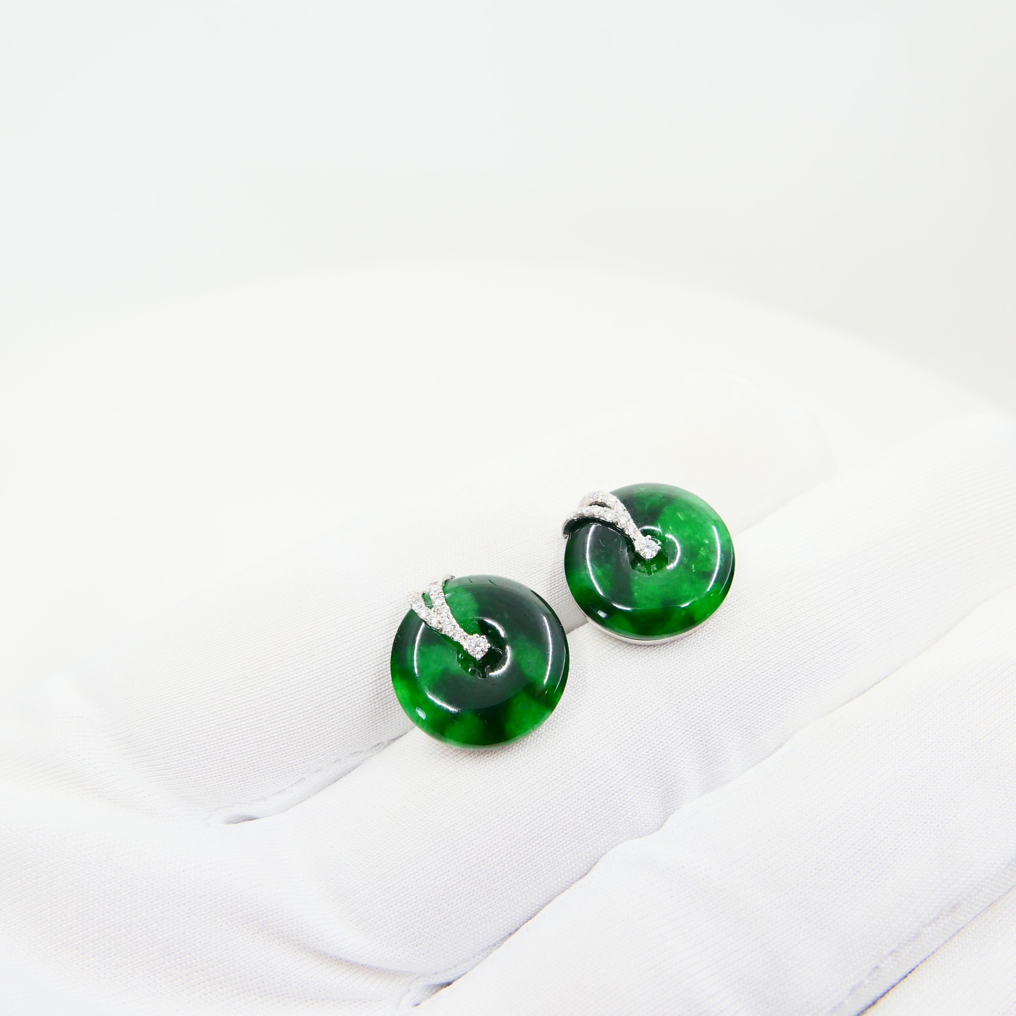 Certified 6.42 CTW Type A Jadeite Jade & Diamond Earrings, Spinach Green Color 3