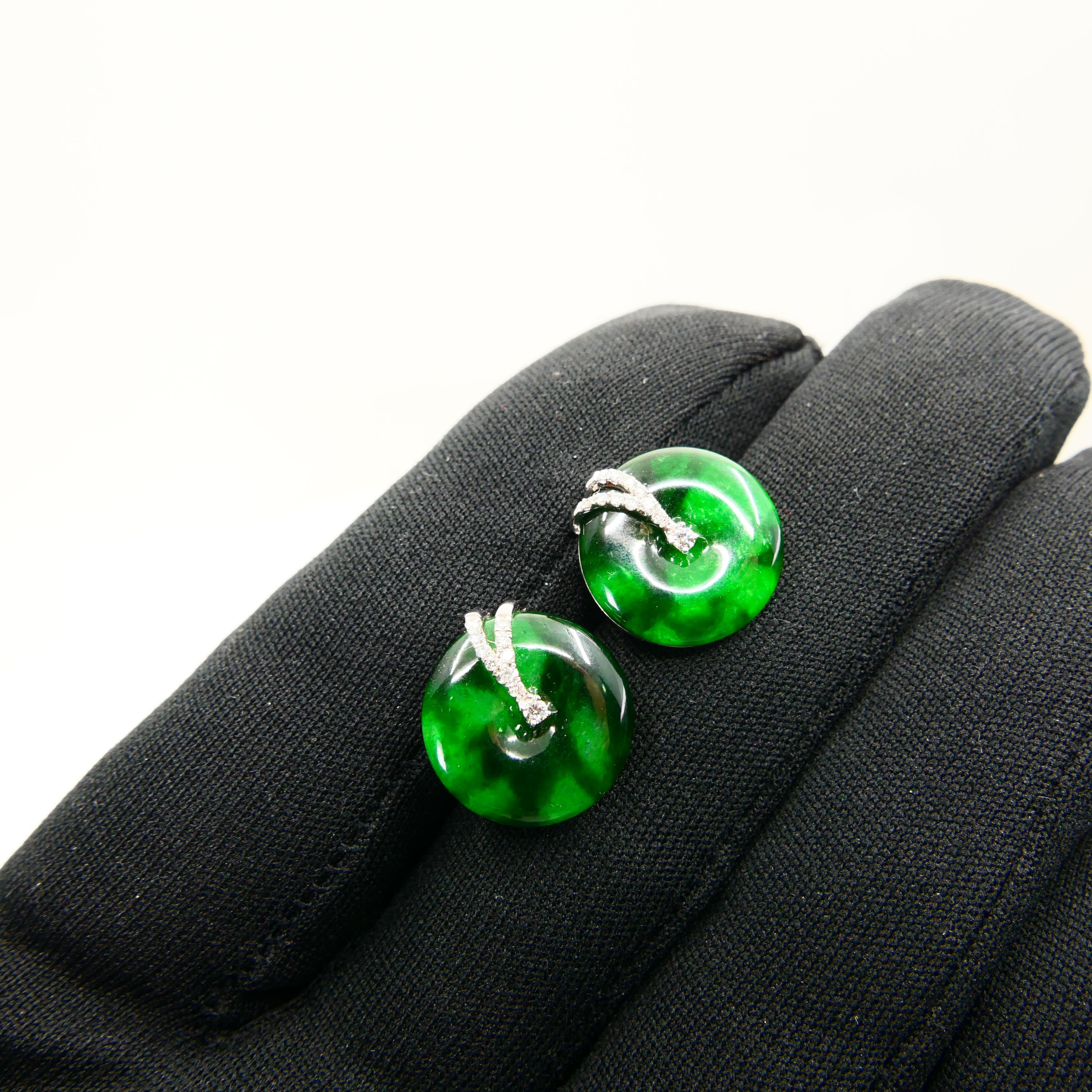 Certified 6.42 CTW Type A Jadeite Jade & Diamond Earrings, Spinach Green Color 4