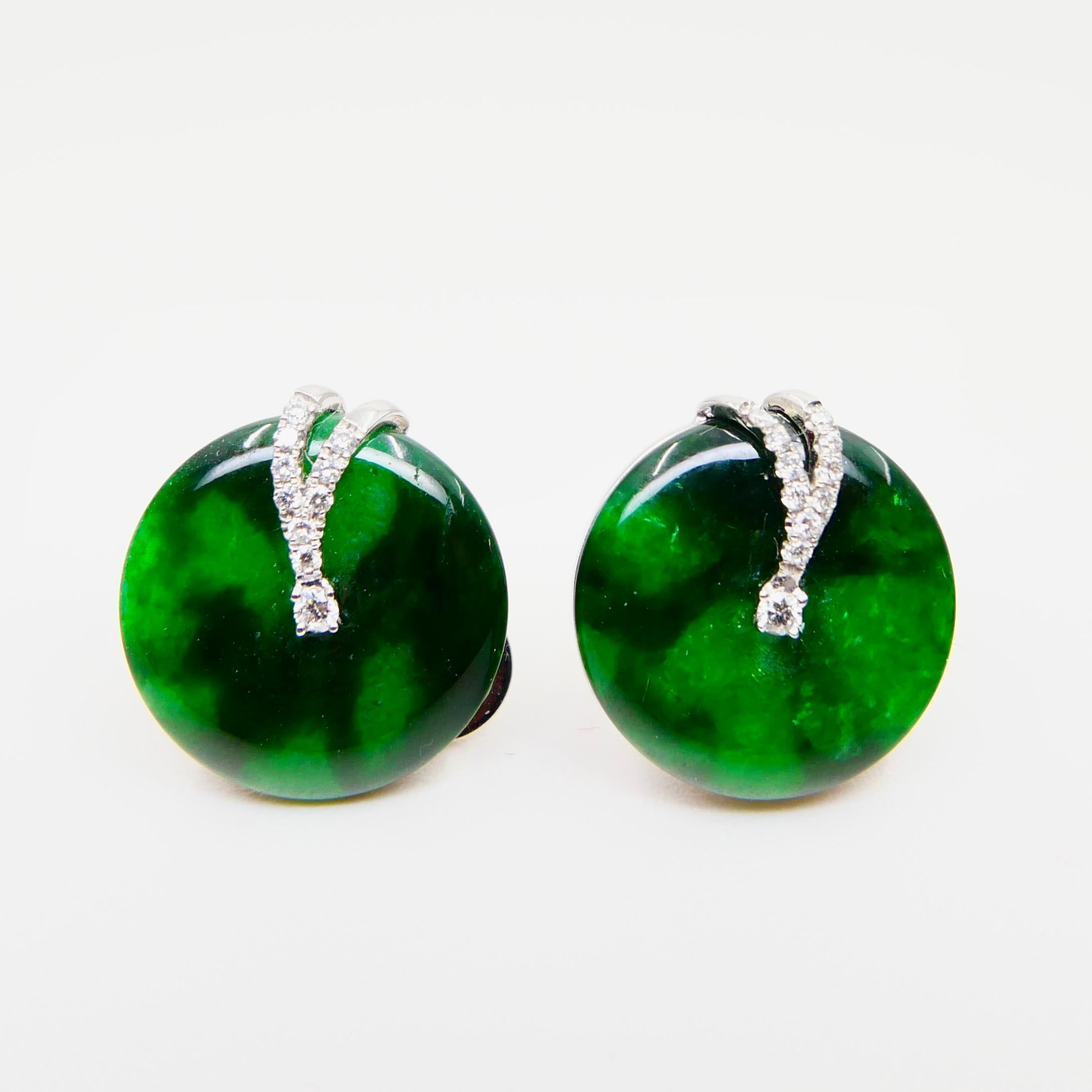 Certified 6.42 CTW Type A Jadeite Jade & Diamond Earrings, Spinach Green Color In New Condition In Hong Kong, HK