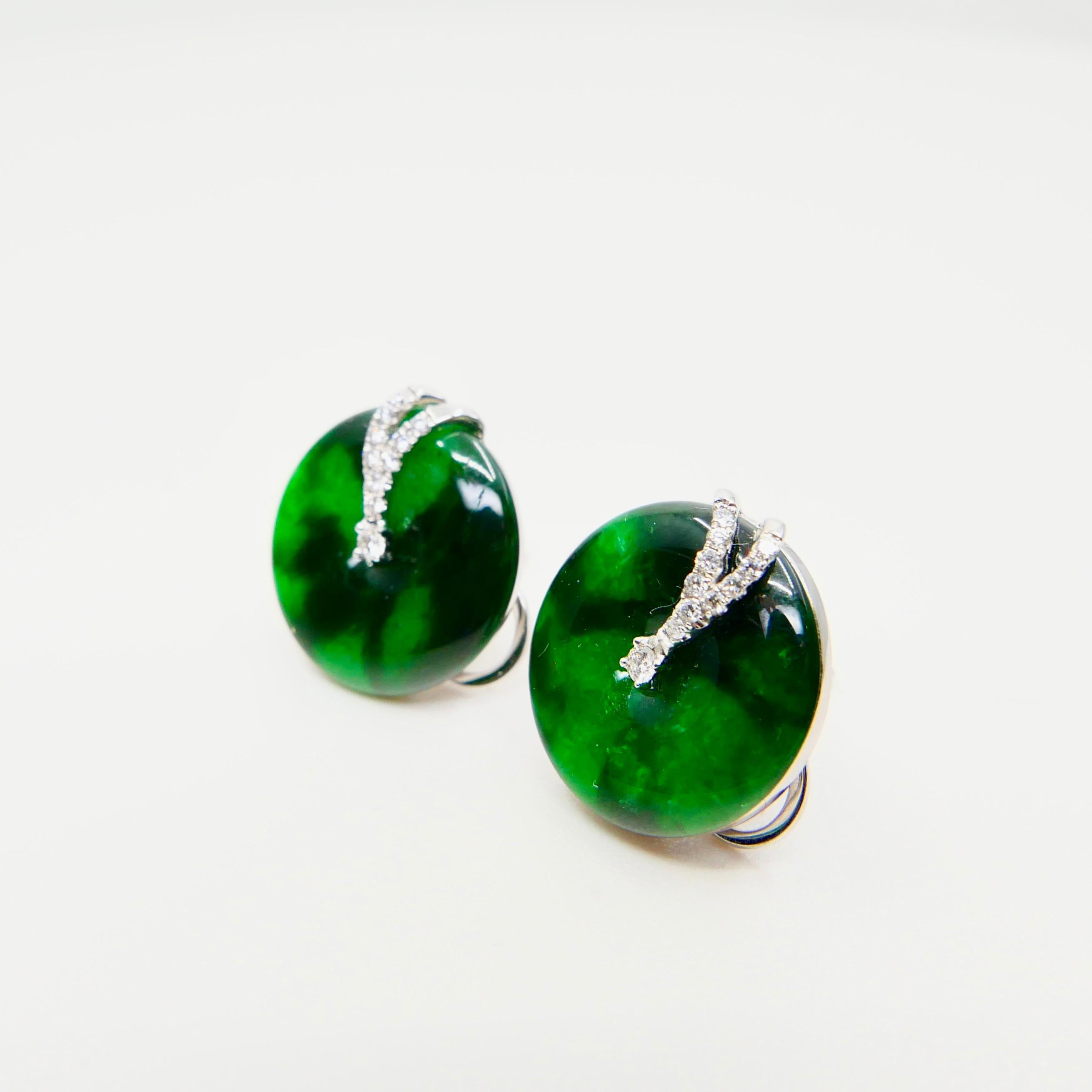 Certified 6.42 CTW Type A Jadeite Jade & Diamond Earrings, Spinach Green Color 1