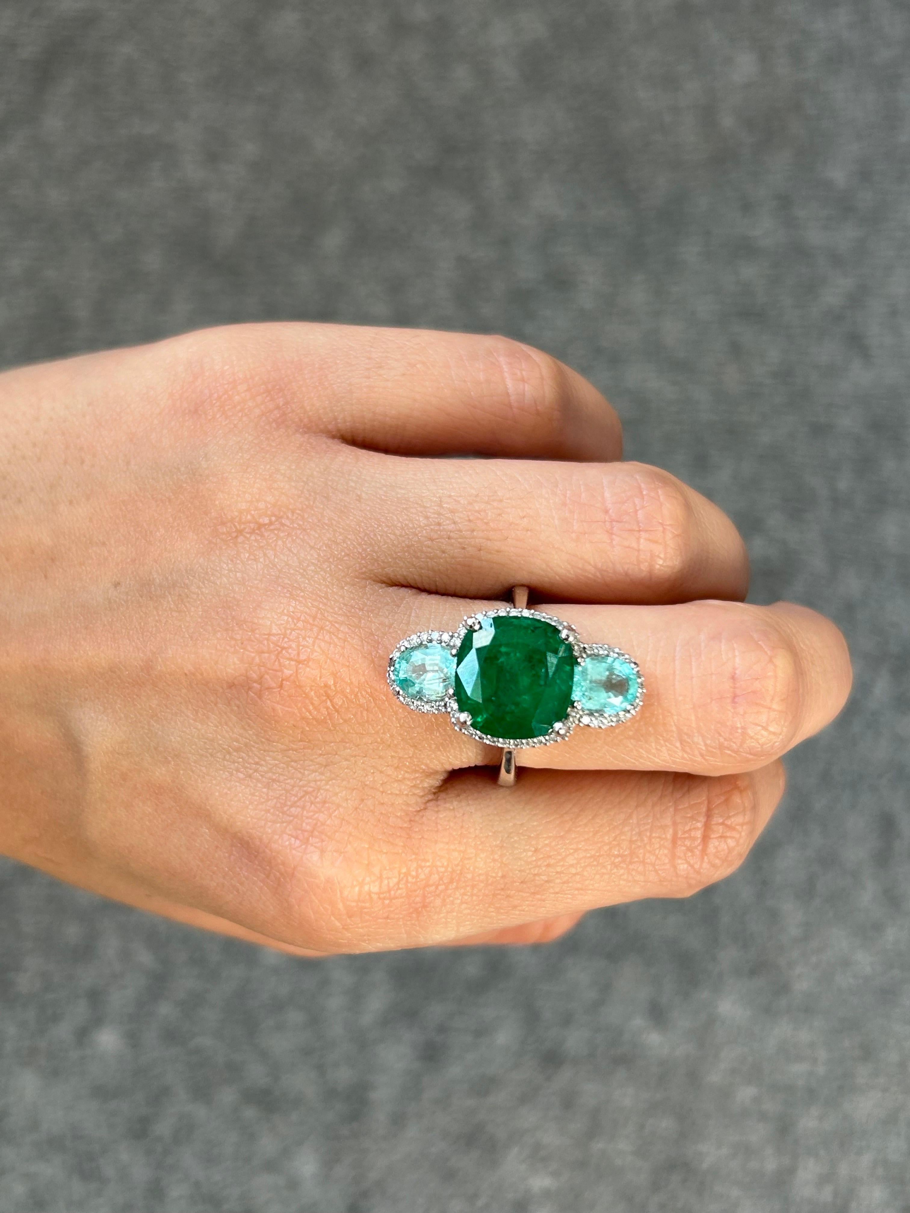 Women's Certified 6.47 Carat Emerald, 1.96 Carat Paraiba and Diamond Three-Stone Ring For Sale