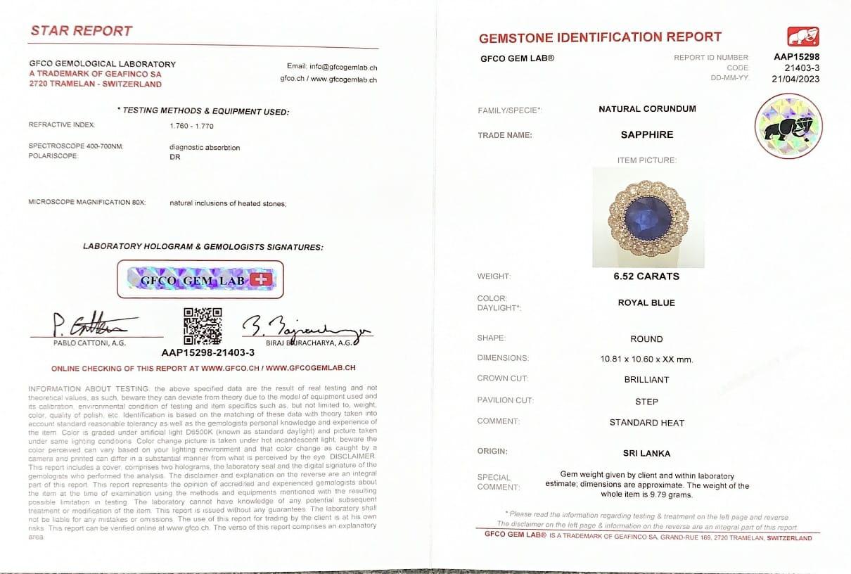 Round Cut Certified 6.52 Carat Ceylon Blue Sapphire Cut Diamond Ring  For Sale