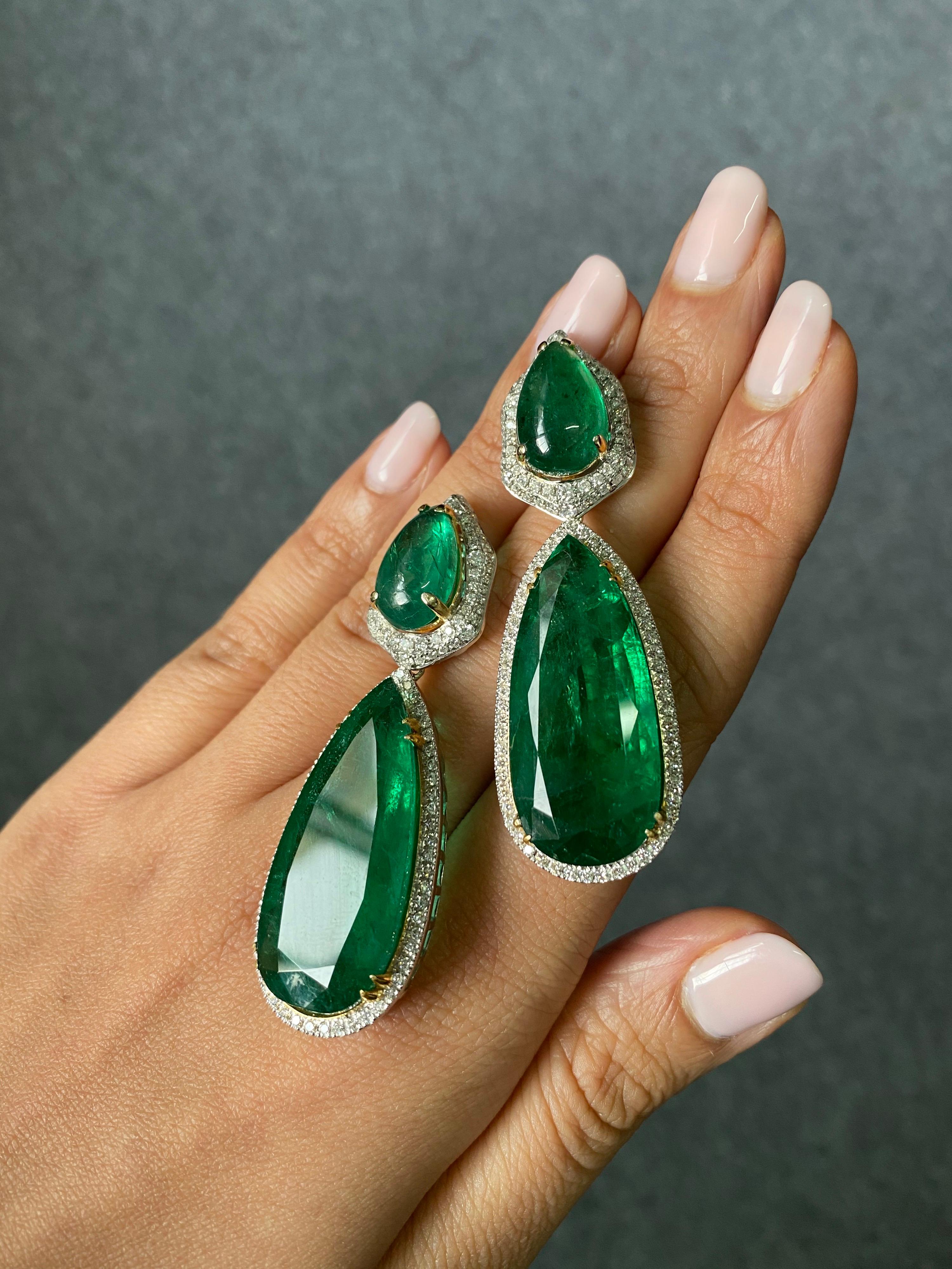 Modern Certified 65.32 Carat Emerald and Diamond 18K White Gold Dangle Earring